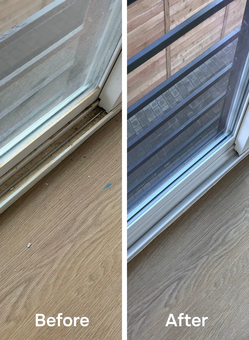 Photo of the slide doors before and after cleaning