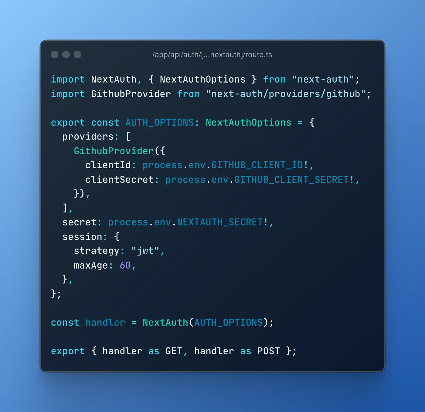 Screenshot of a terminal window showing the command npm i next-auth being run to install the next-auth library. Below that, a code editor displays the creation of a route handler in the file path /app/api/auth/[...nextauth]/route.ts. The code initializes NextAuth with configuration options, including GitHub authentication using clientId and clientSecret from the environment variables.