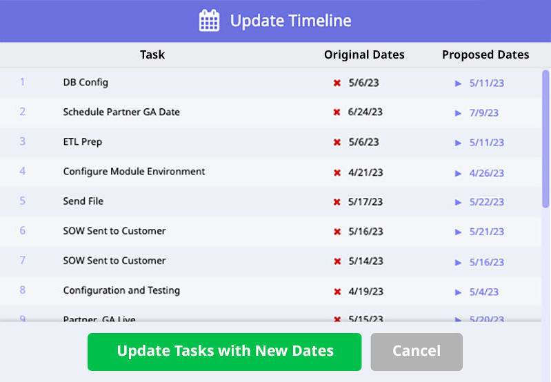 Easily update project timelines with new recalculated dates