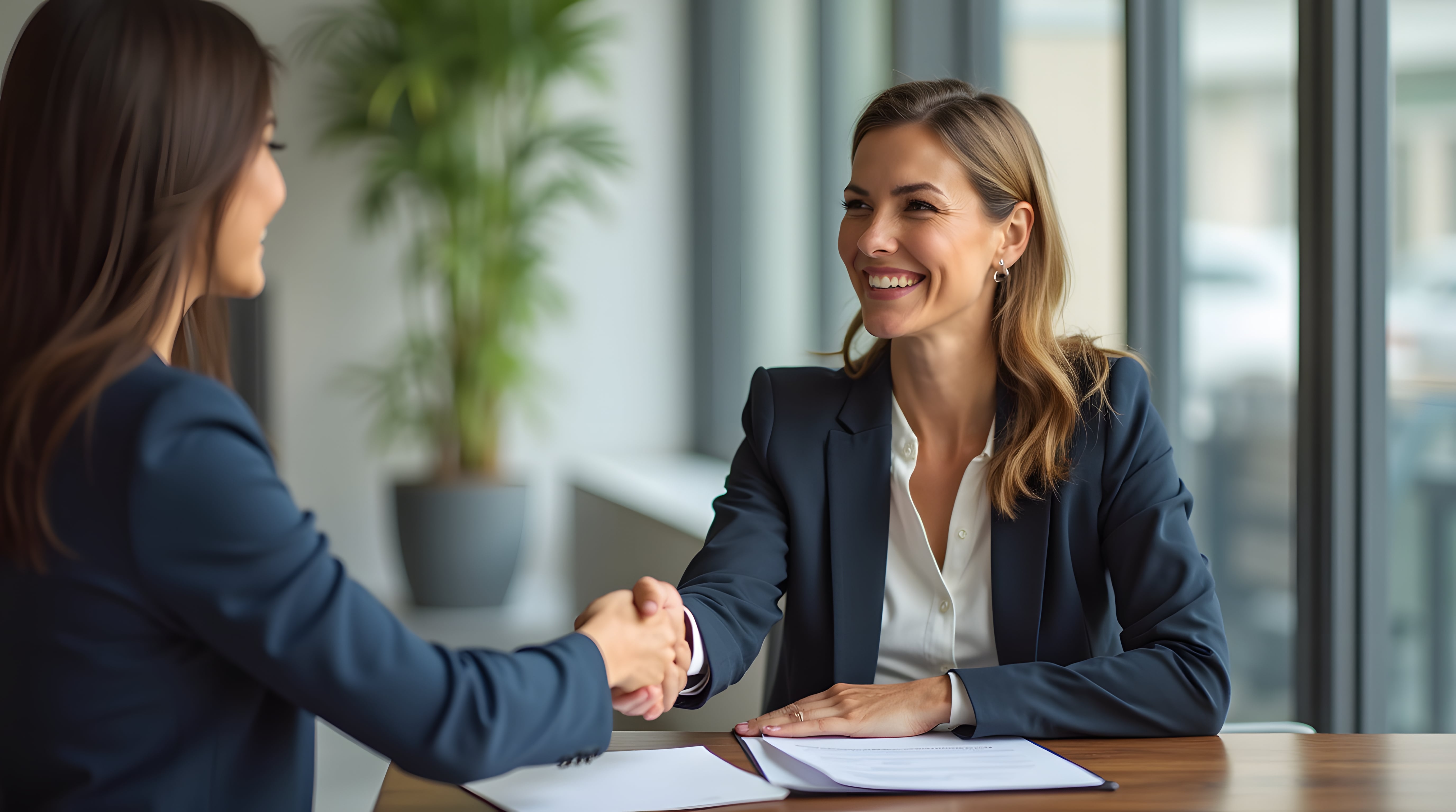 Glückliche Frau im mittleren Alter Business-Manager Händeschütteln im Büro Sitzung.