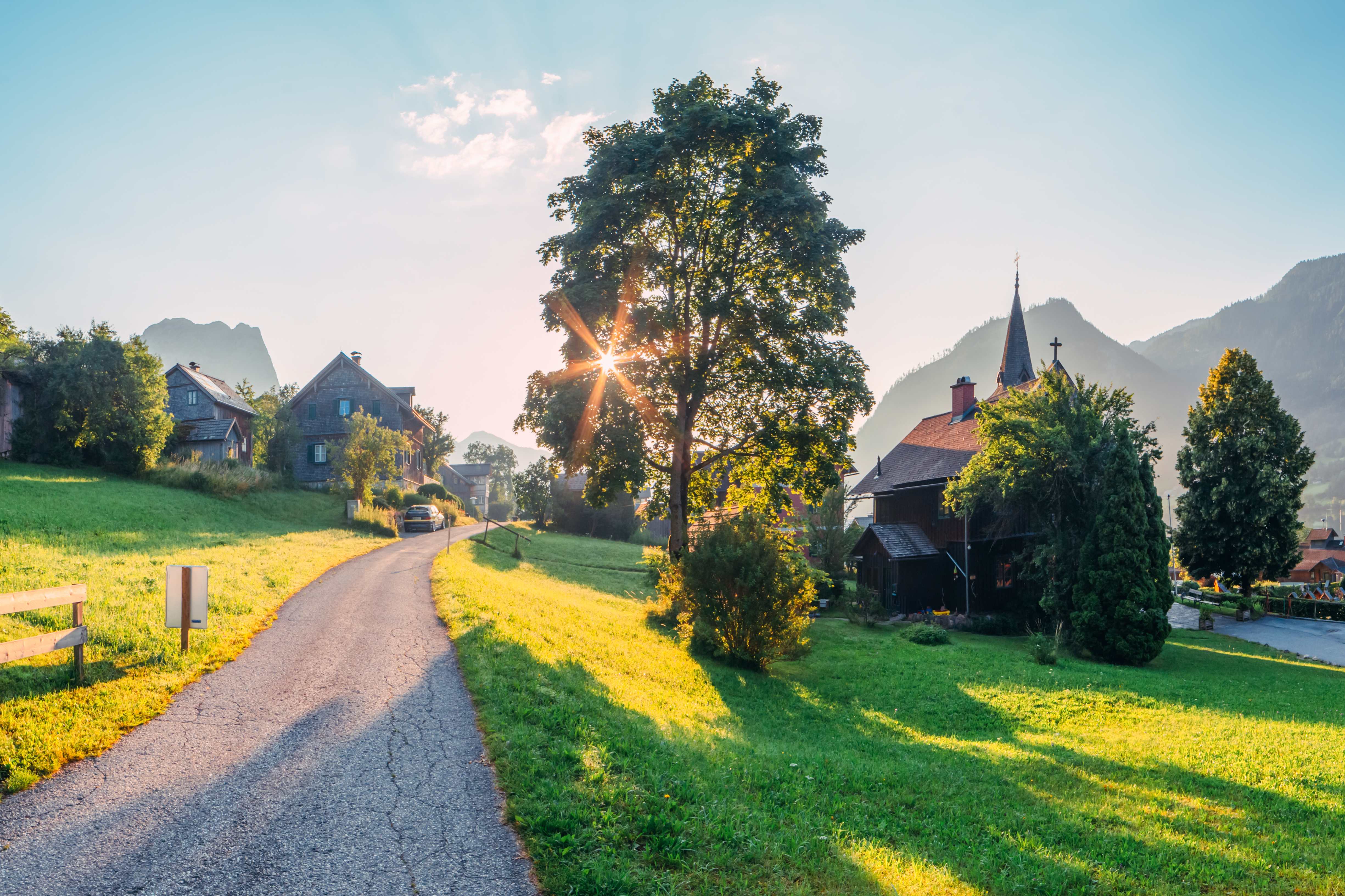 Amazing morning in the Resslern village near the Grundlsee lake. Alps, Austria, Europe. Landscape photography