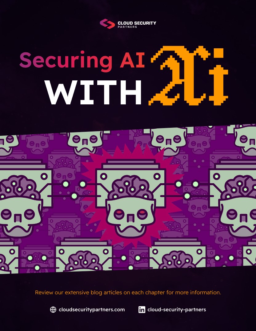 Cover page titled 'Securing AI with AI' featuring stylized robot head icons and Cloud Security Partners logo.