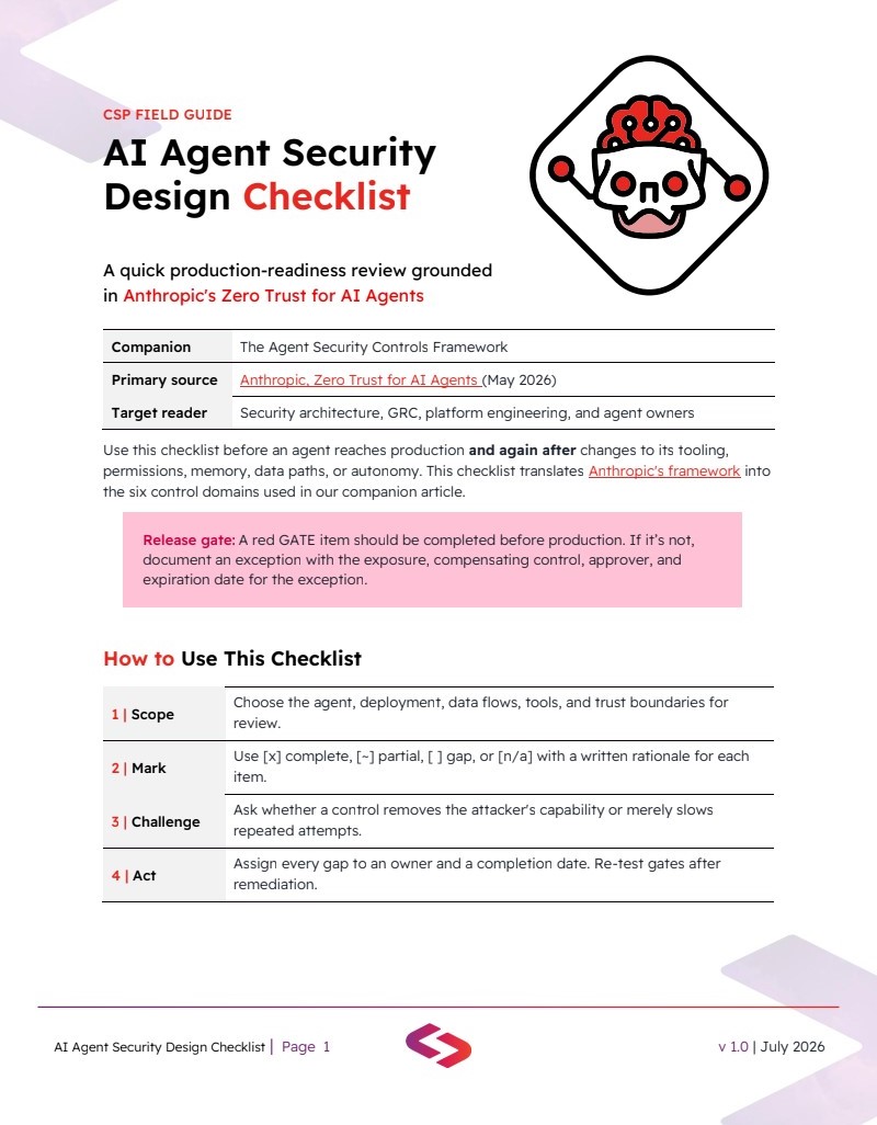 AI Agent Security Design Checklist cover page with instructions, table, and a skull icon with circuits illustration.