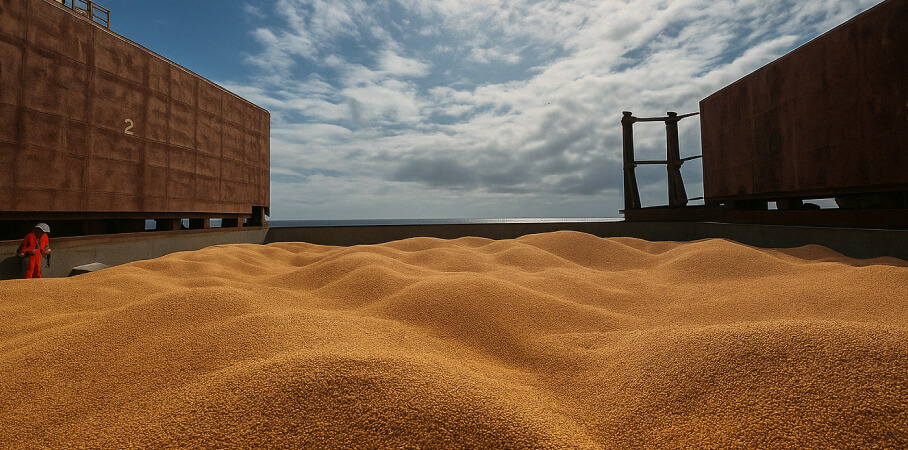 Worker in safety orange gear standing beside large pile of harvested wheat grains cargo.