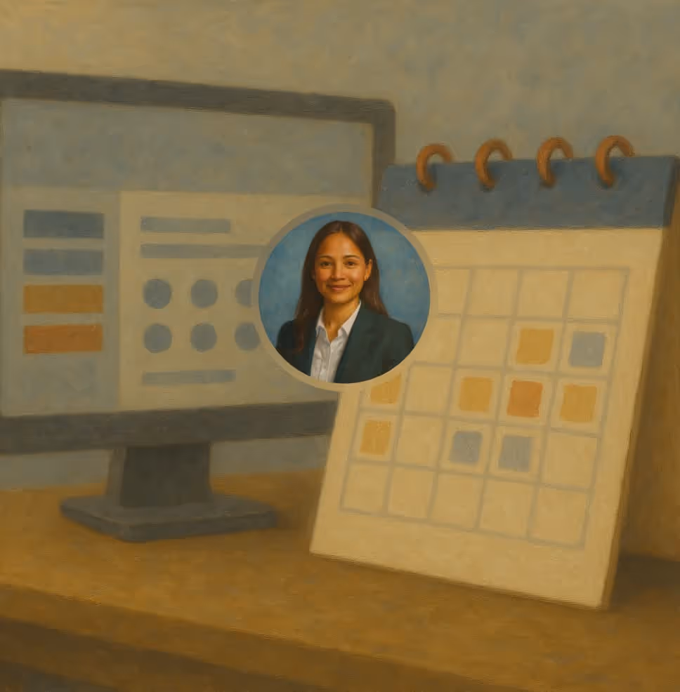 Zuma business professional smiling near computer and calendar workspace