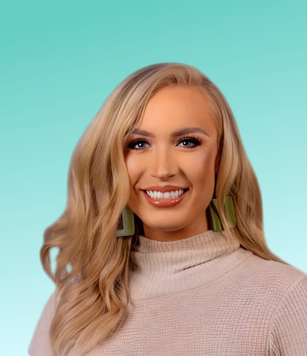 Zuma blonde woman smiling against turquoise background wearing beige sweater