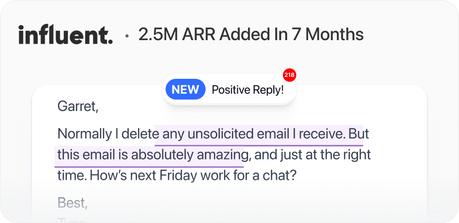 Screenshot of an email with a highlighted positive reply stating the email is amazing and asking about availability for a chat next Friday.