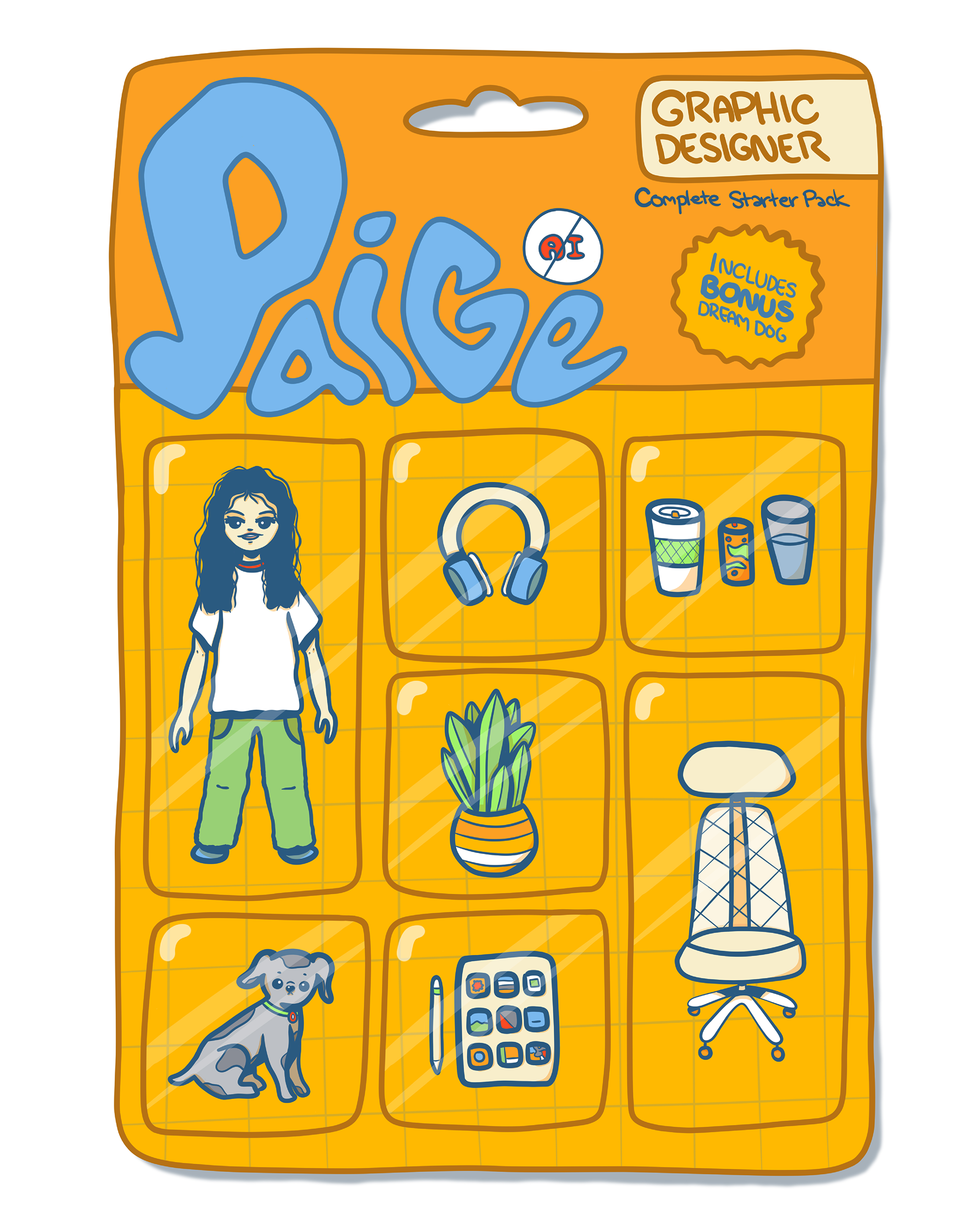 #starterpacknoai trend, with Paige as a toy accompanied by various graphic designer related accessories