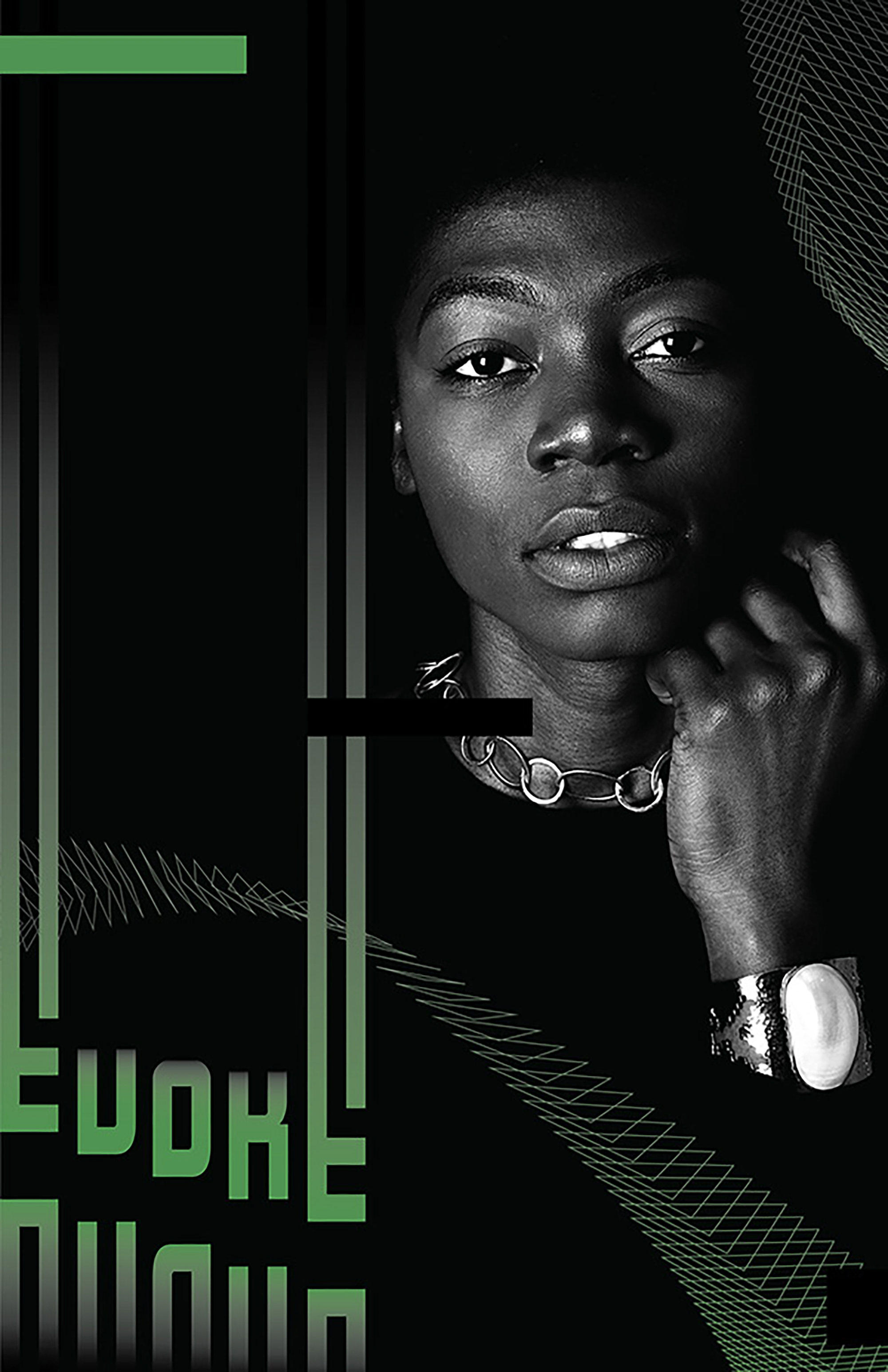 Evoke image, greyscale and green with woman looking mysteriously