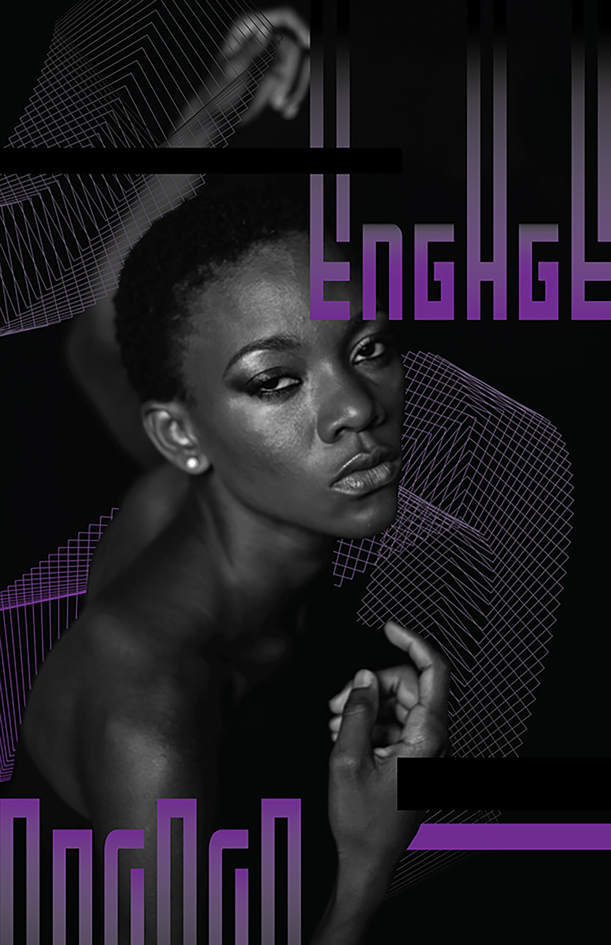 Engage image, greyscale and purple with woman wearing looking directly to camera