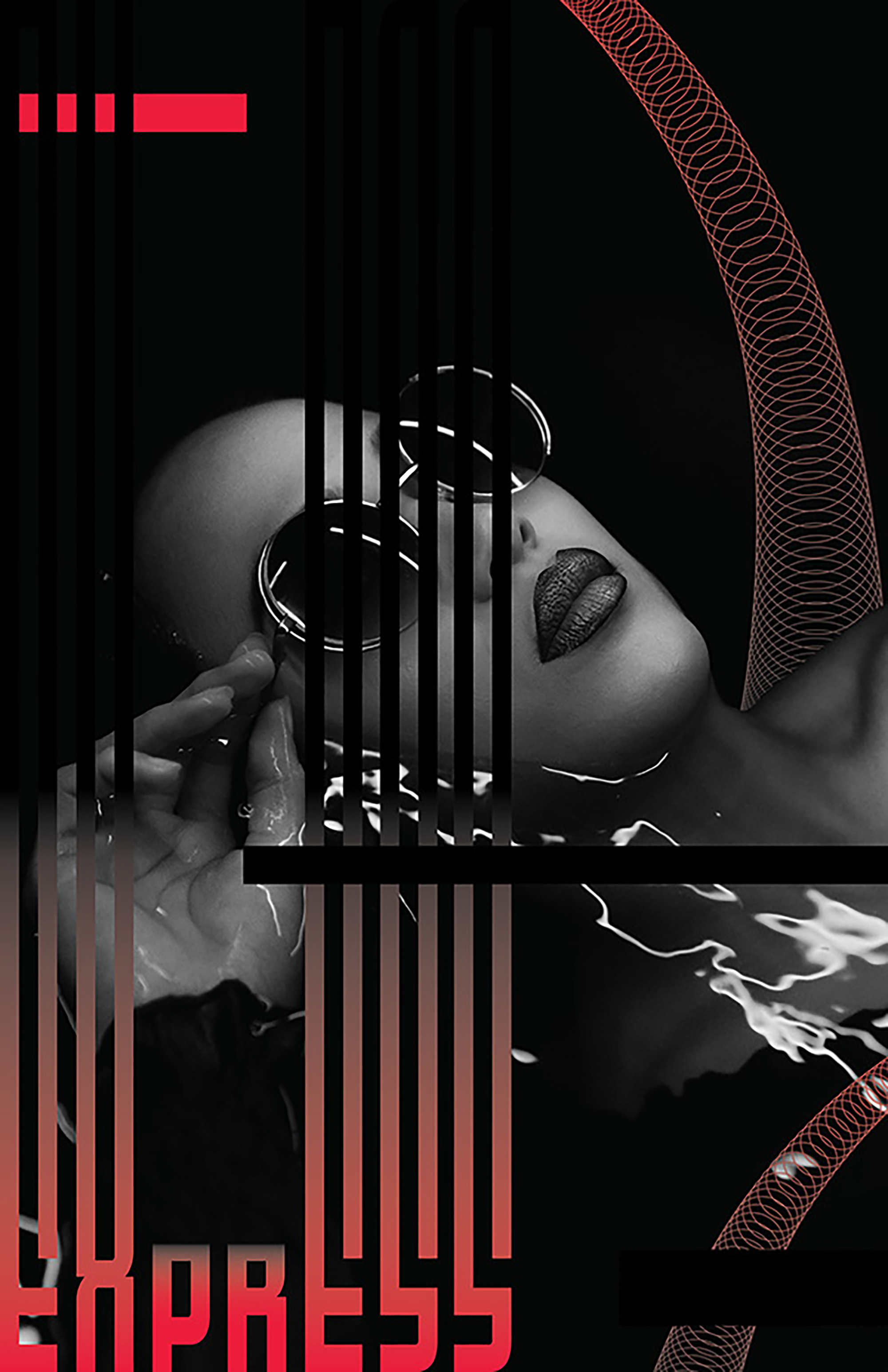 Express image, greyscale and red with woman wearing sunglasses