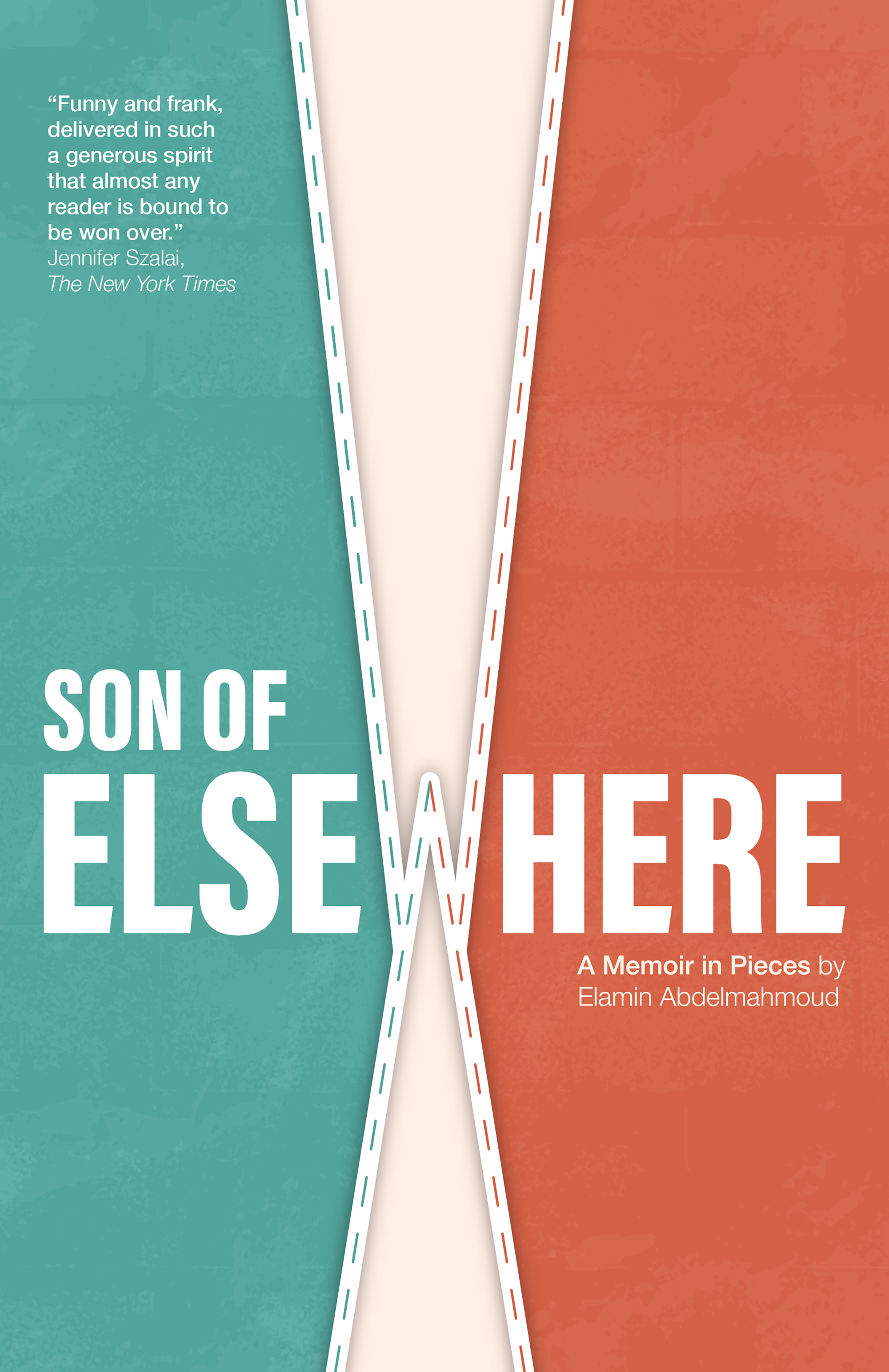 Cover redesign for Son of Elsewhere by Elamin Abdelmahmoud, with teal, beige and orange colours