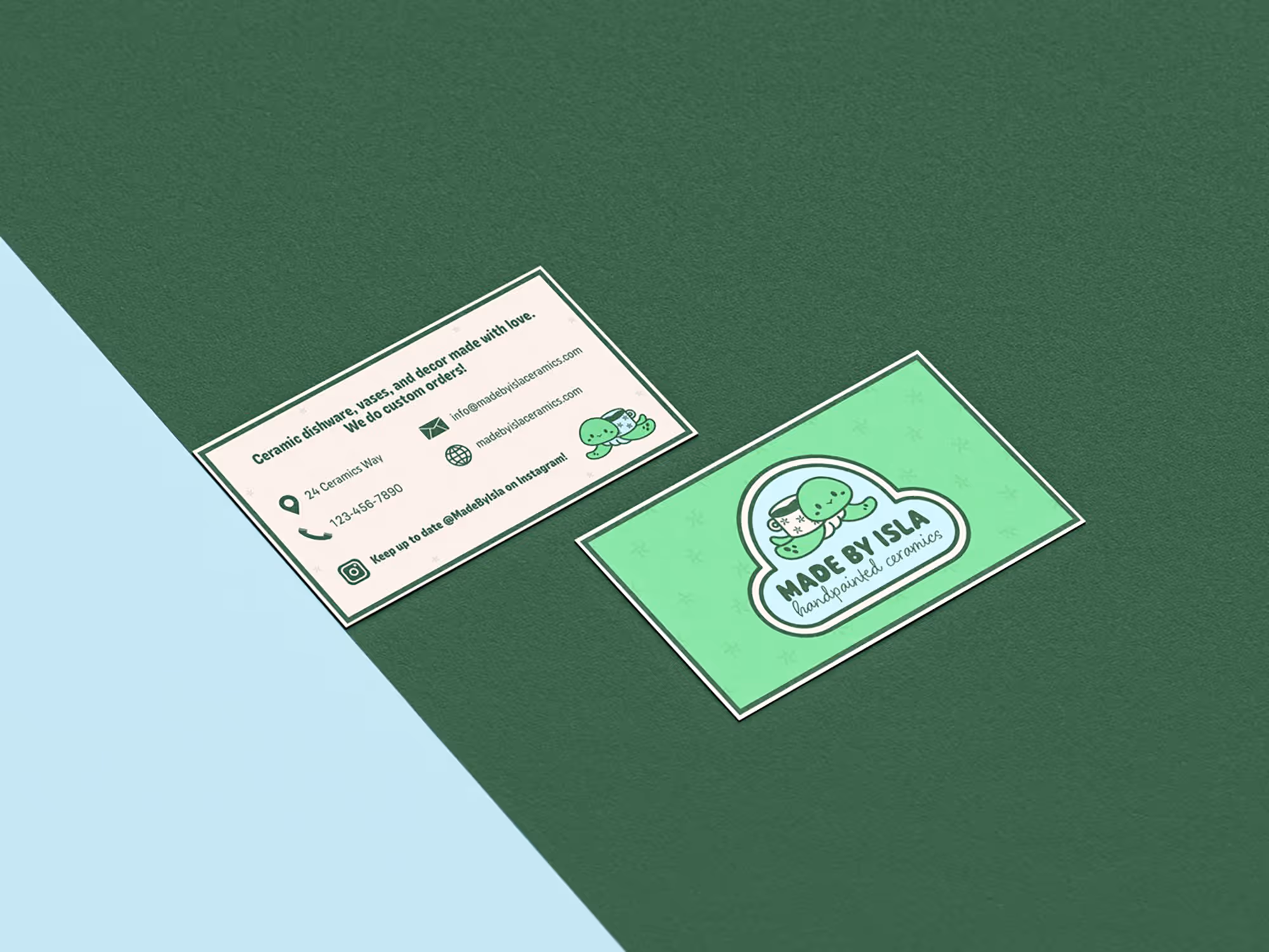 Made by Isla business cards featuring logo and contact information