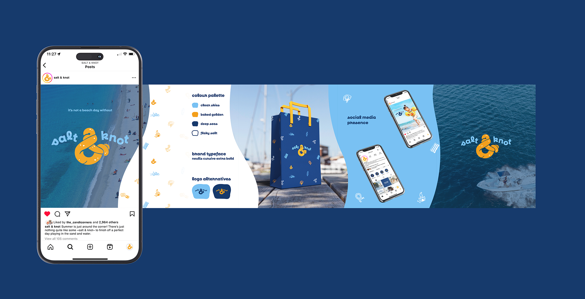 Instagram submission for Salt & Knot brief prompt including logo, style guide, bag design and social presence