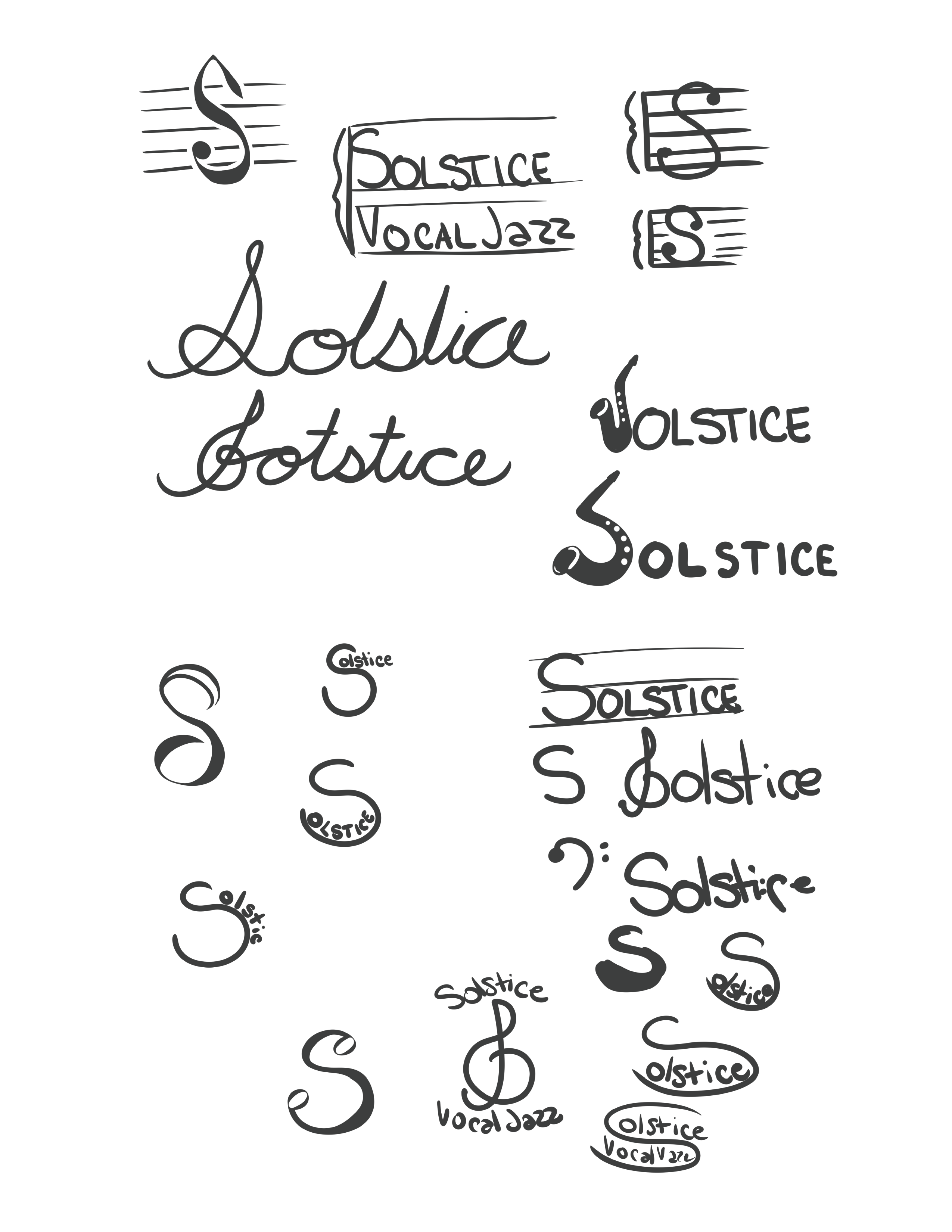 Rough drafts for the Solstice logo, with musical themes