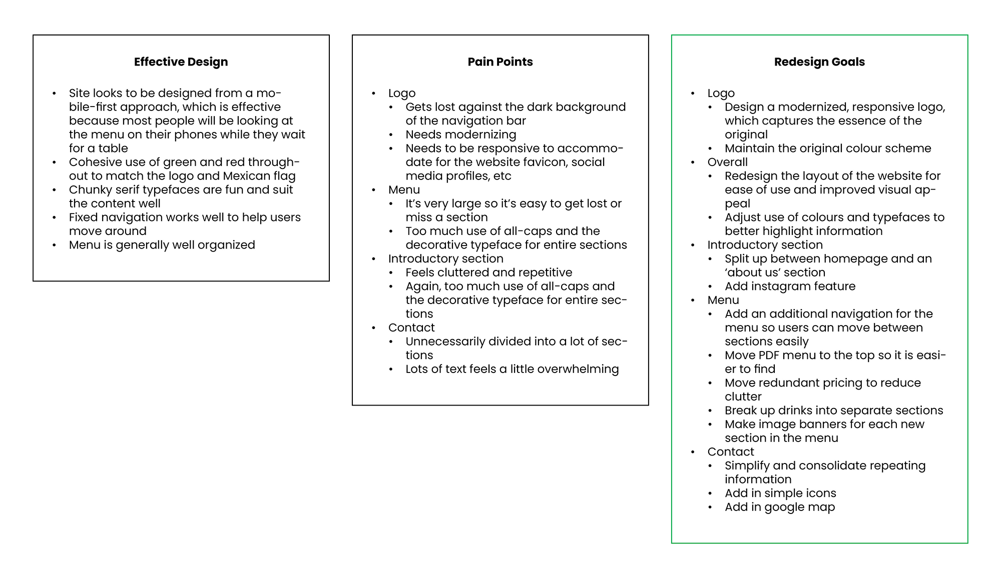 Chart featuring effective design, pain points, and redesign goals
