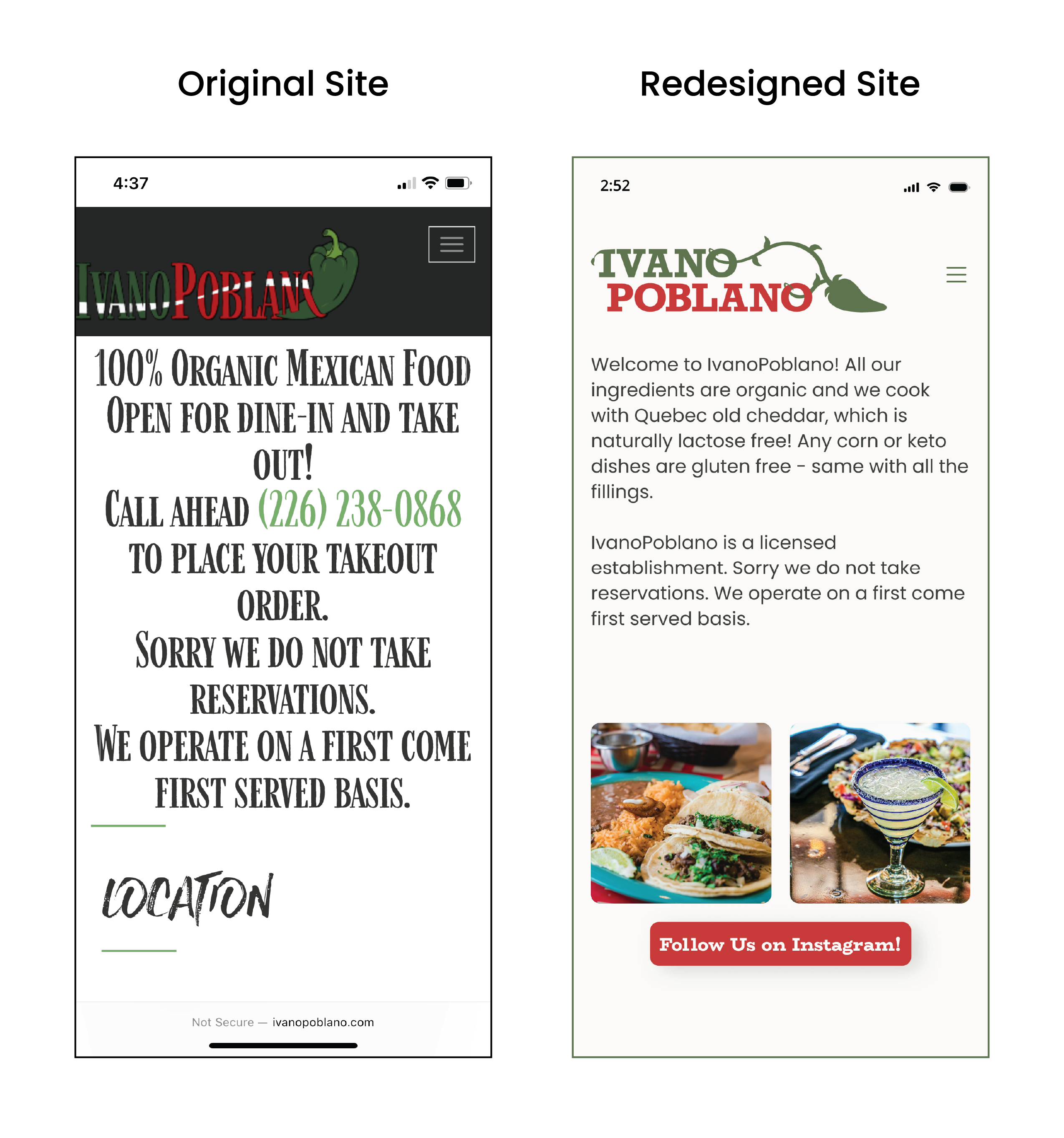 Ivano Poblano before and after homepage section