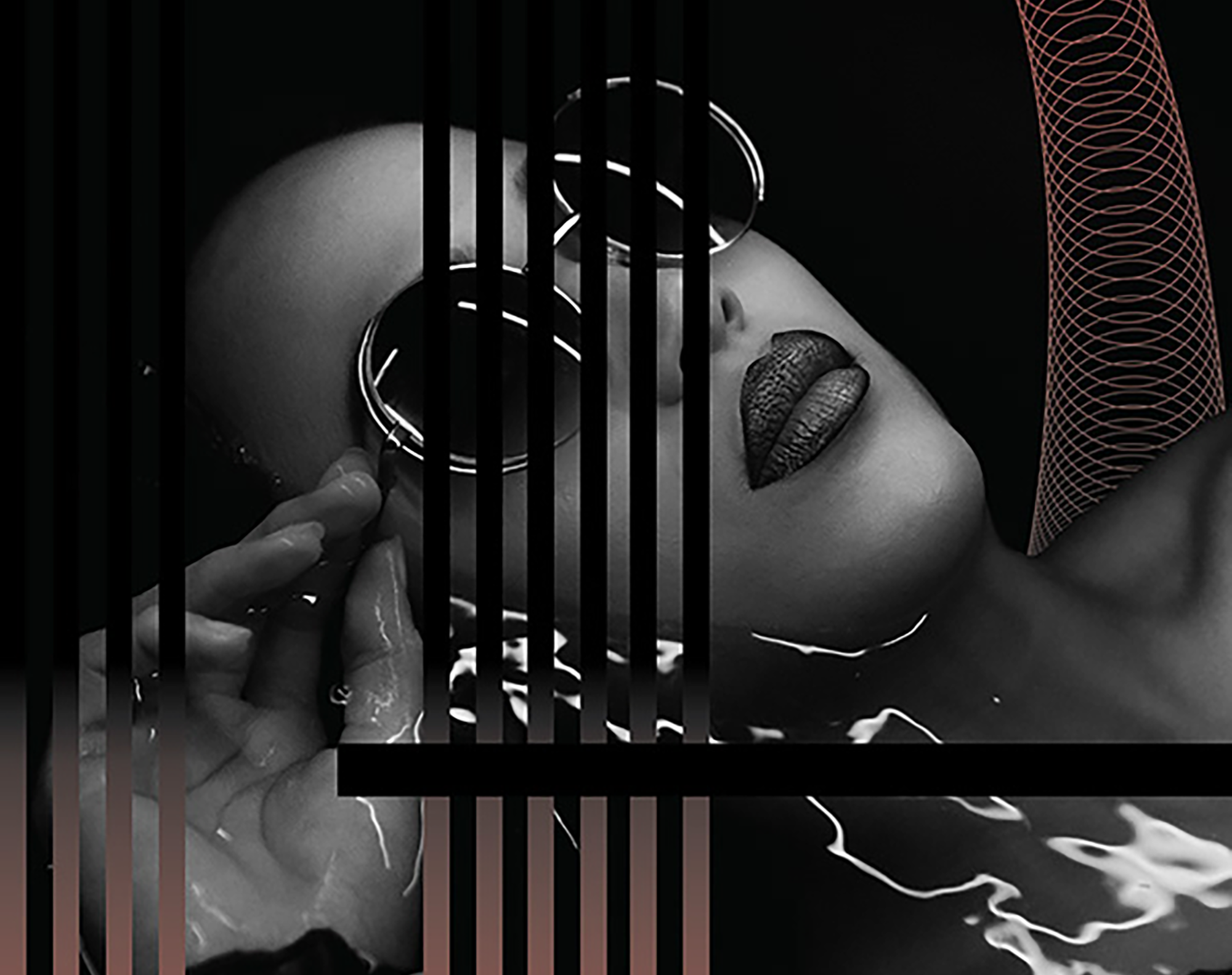 Greyscale and red graphic image featuring woman with sunglasses