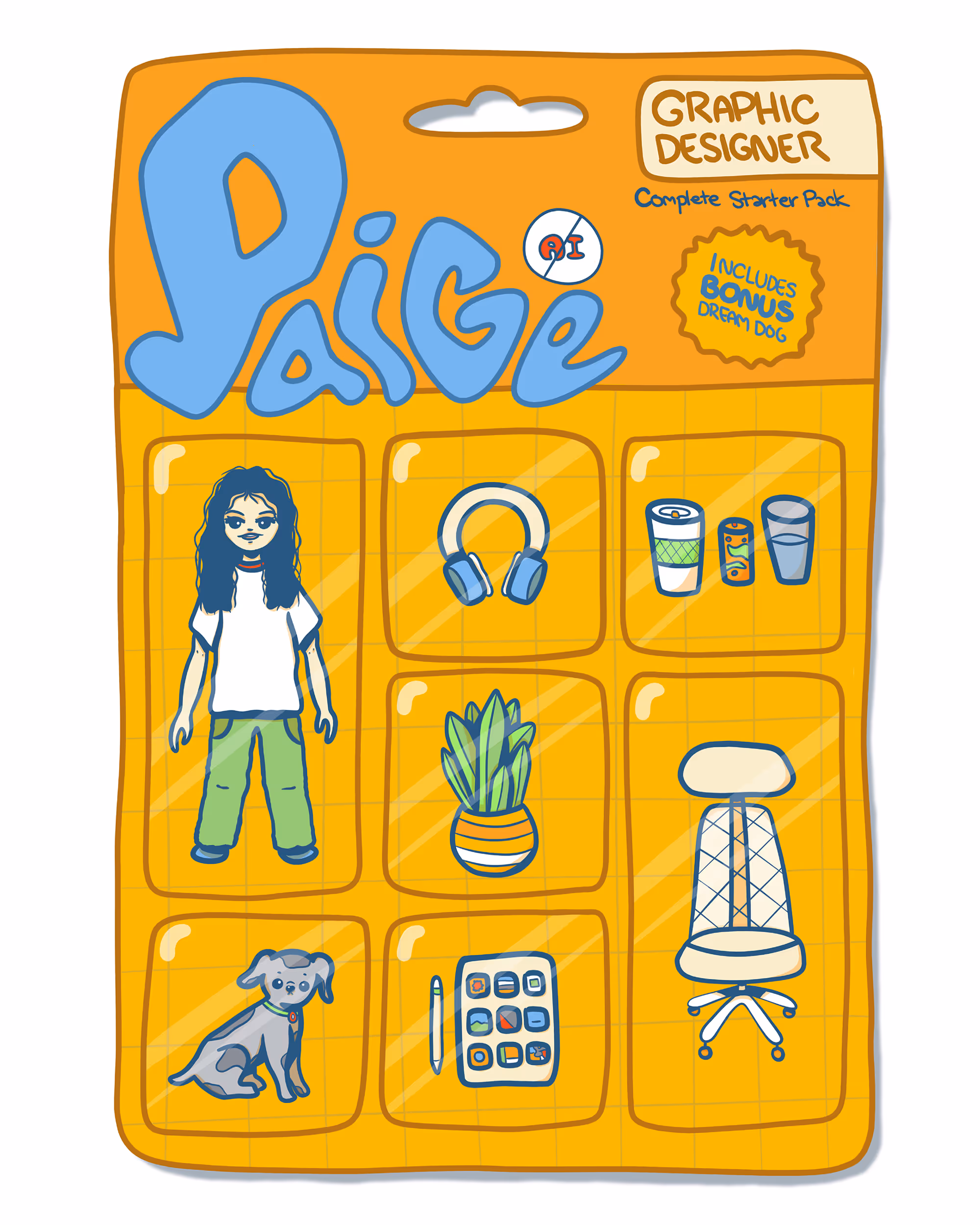 Ilustration of 'starter pack no AI' trend featuring a graphic designer and their belongings, with a bright yellow background