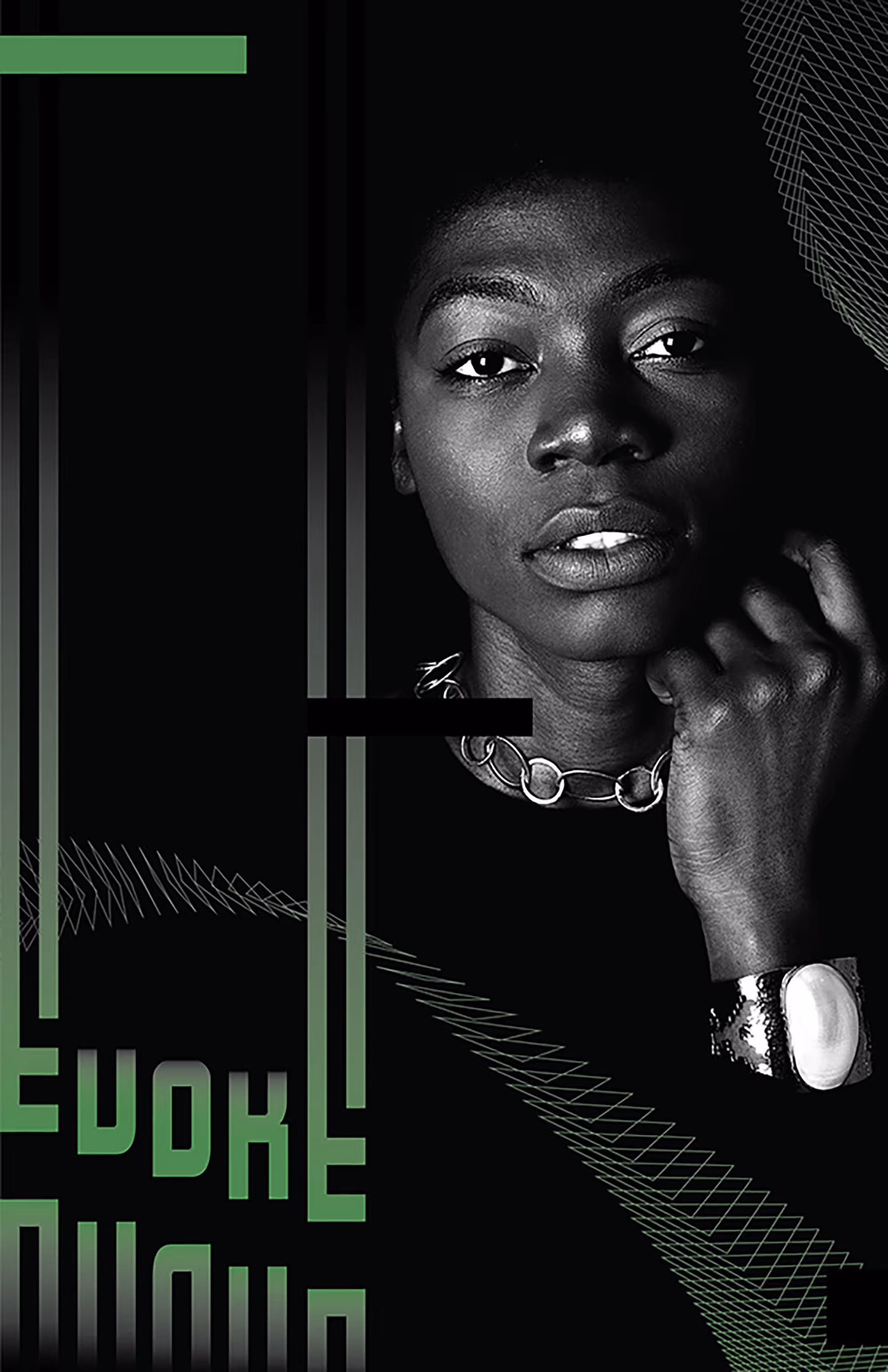 Woman staring into camera with green text reading 'evoke'