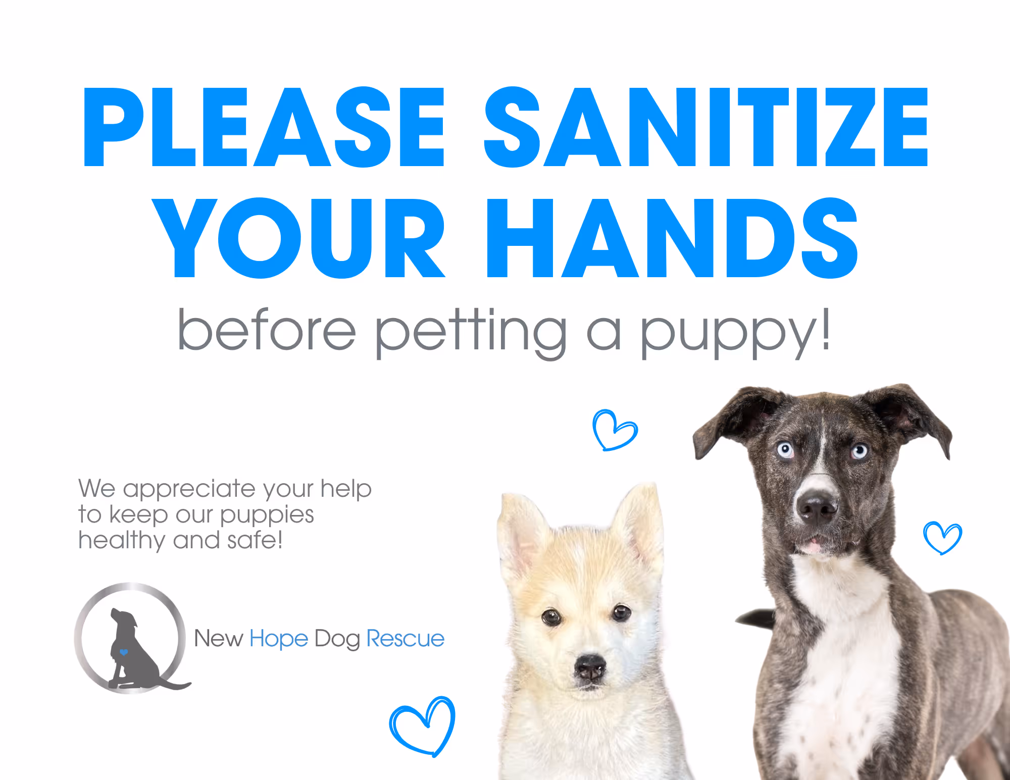 Sign reading 'please sanitize your hands before petting a puppy', with images of dogs