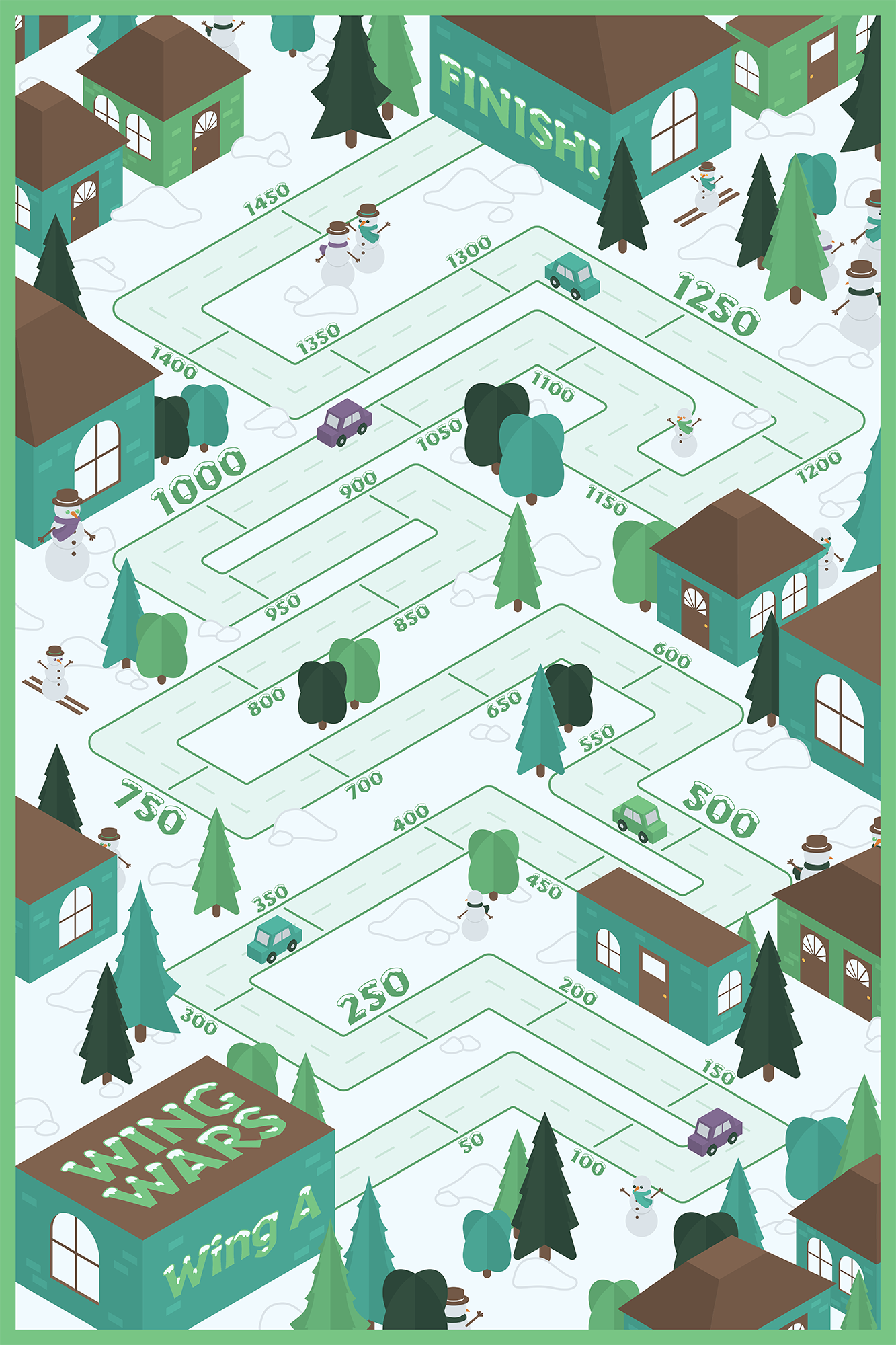 Tracker poster with a winter theme featuring buildings, roads, cars, and snowmen