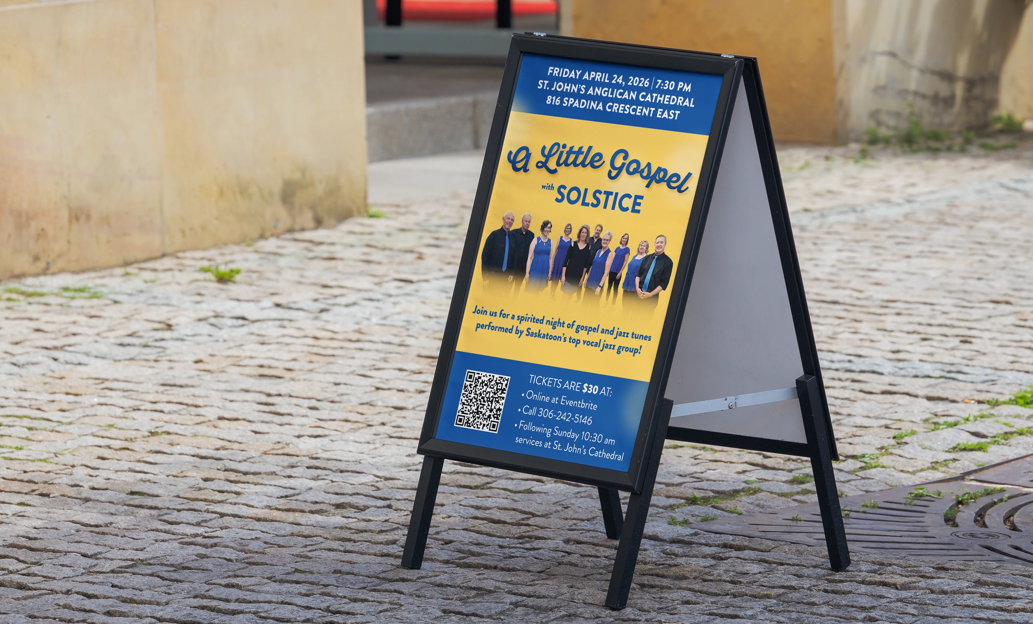 Sign on street advertising Solstice gospel concert