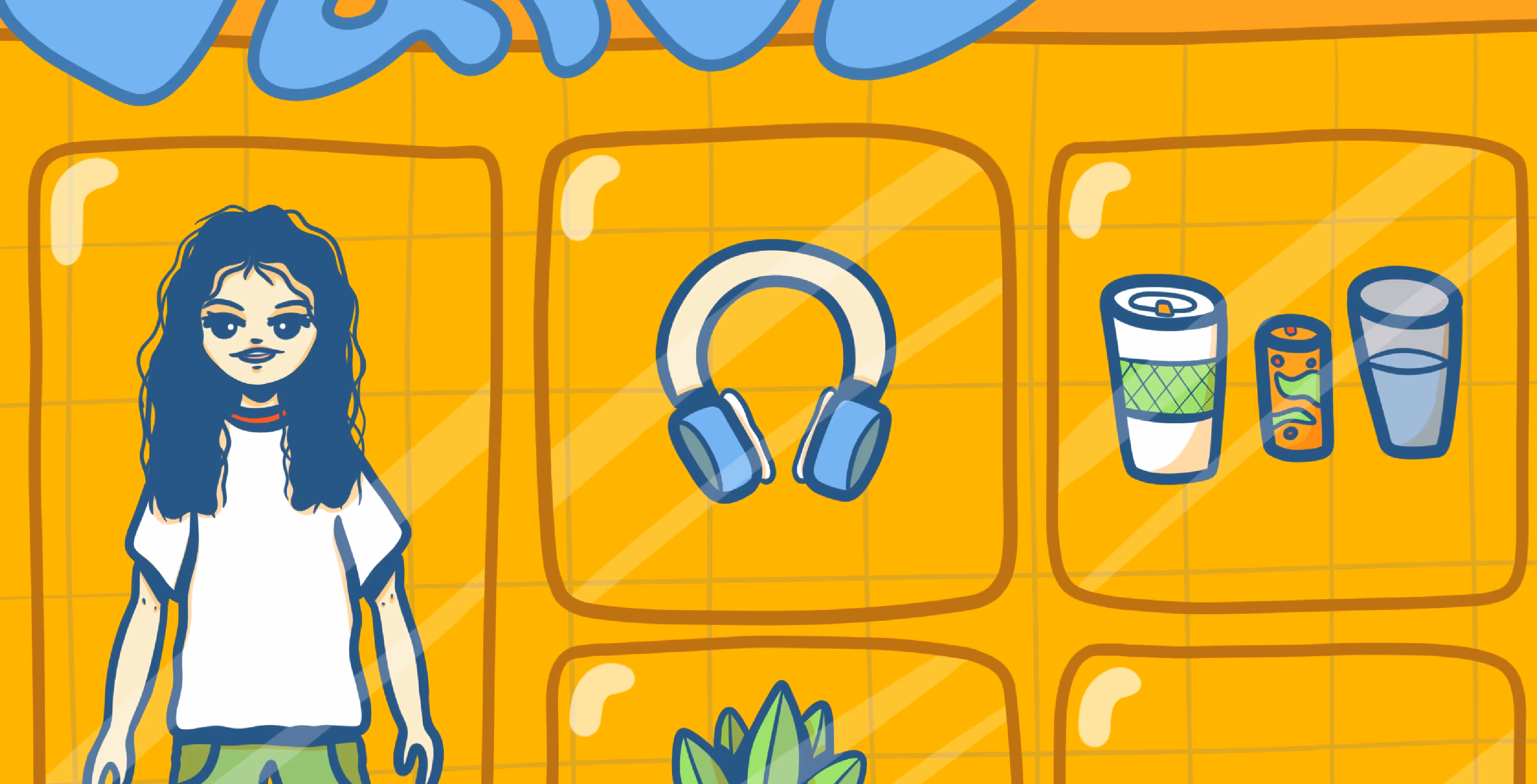 Ilustration of person, headphones, and various beverages, with a bright yellow background