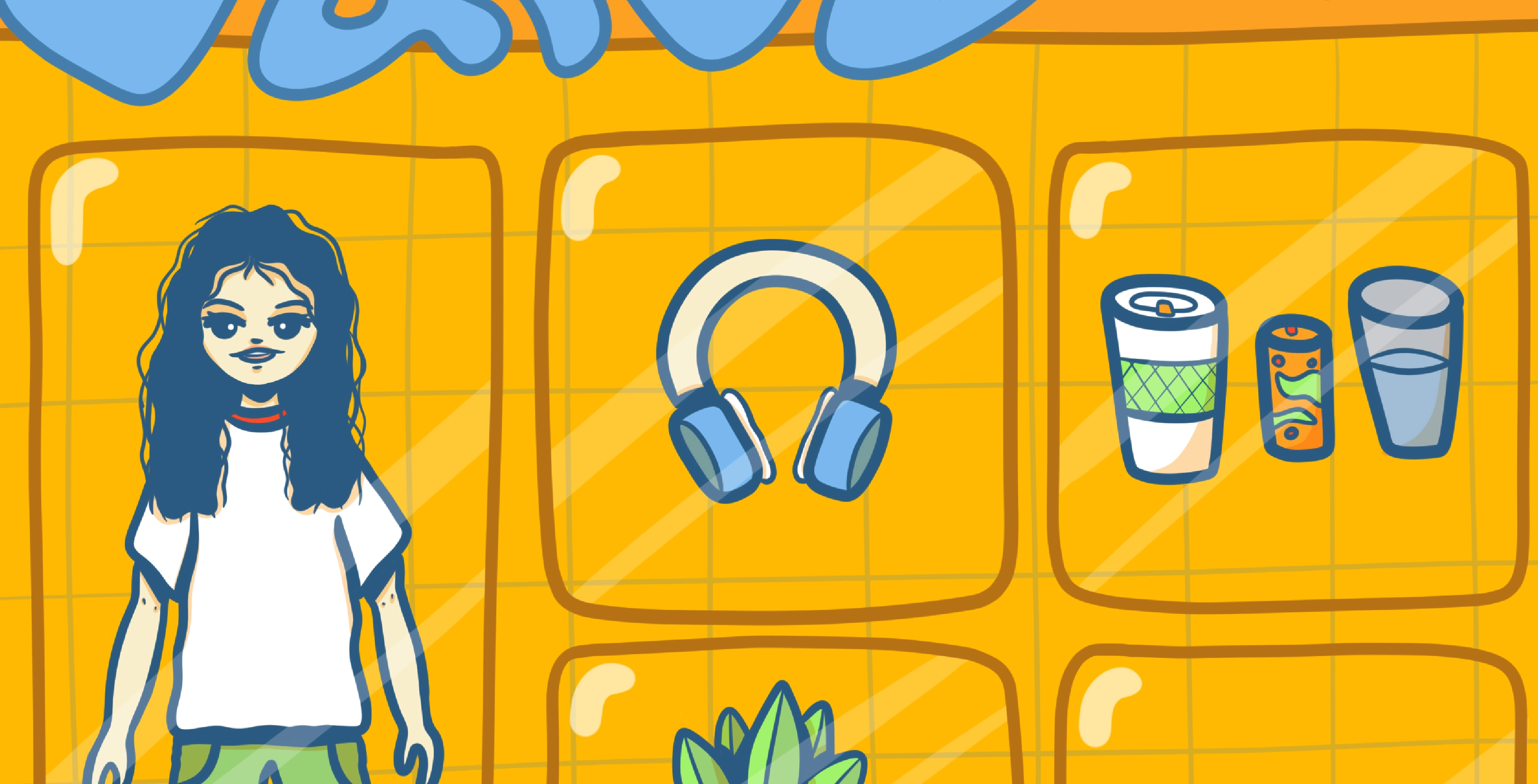 Ilustration of person, headphones, and various beverages, with a bright yellow background