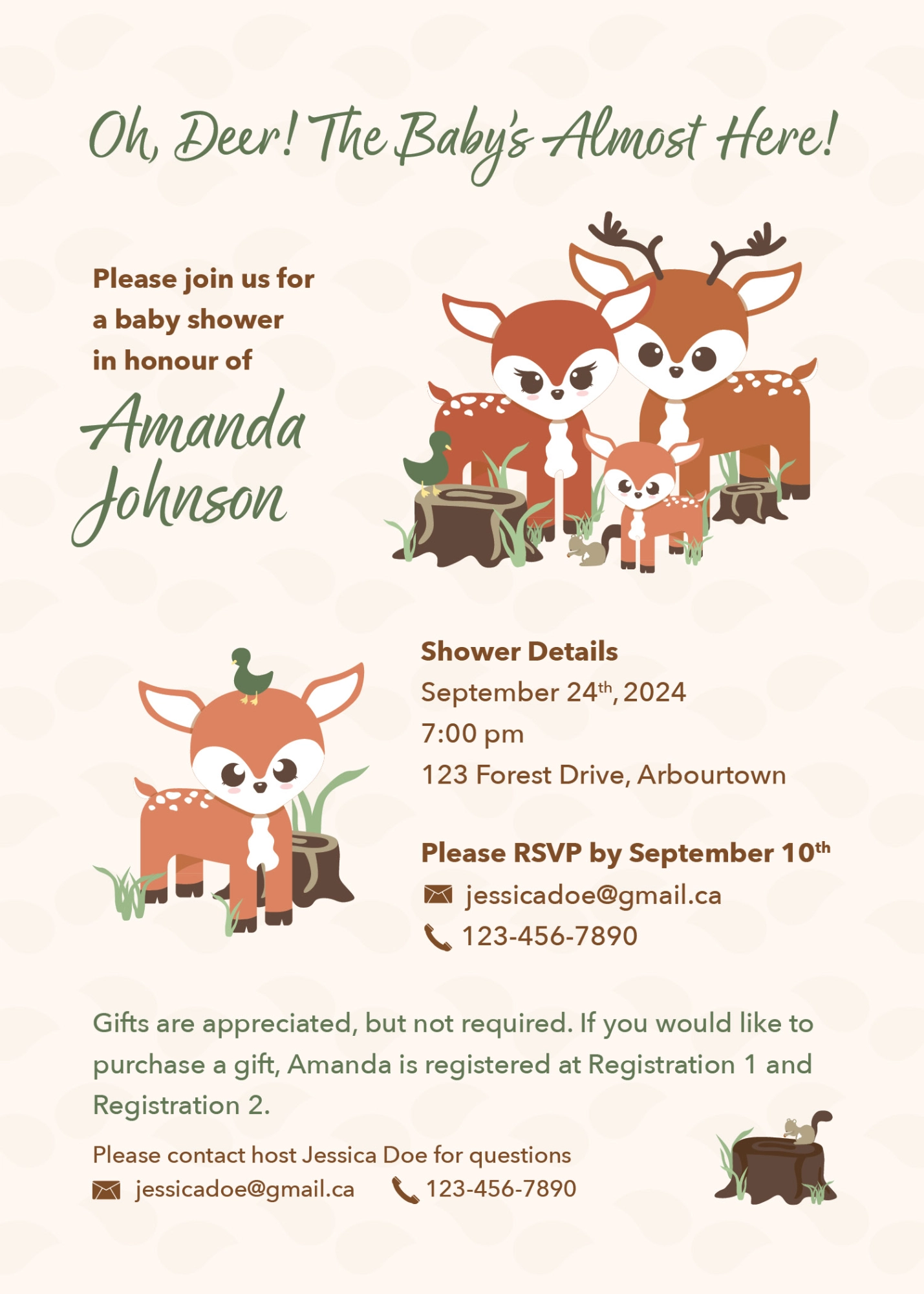Two baby shower invitations with deer and dolphin themes