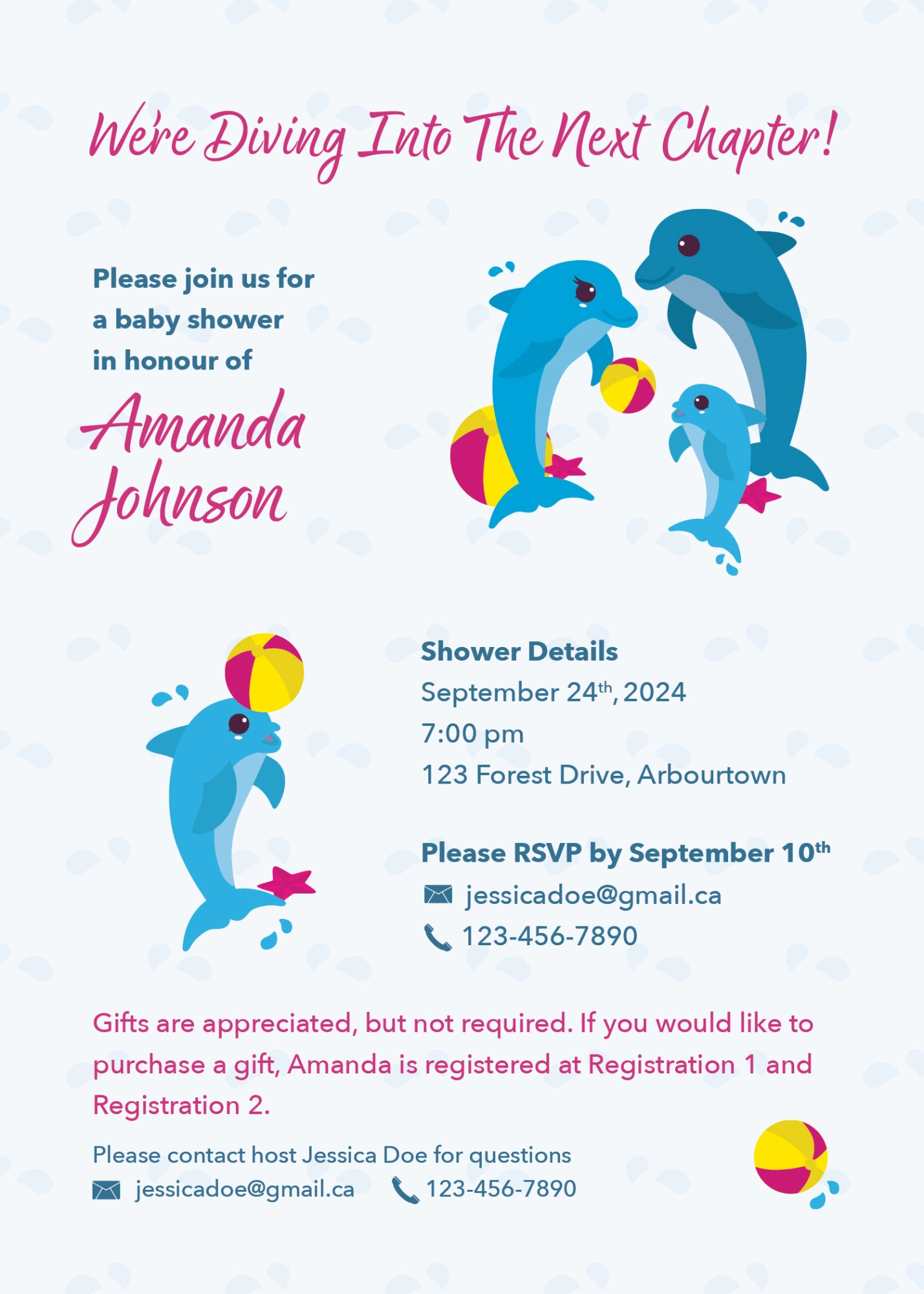 Two baby shower invitations with deer and dolphin themes