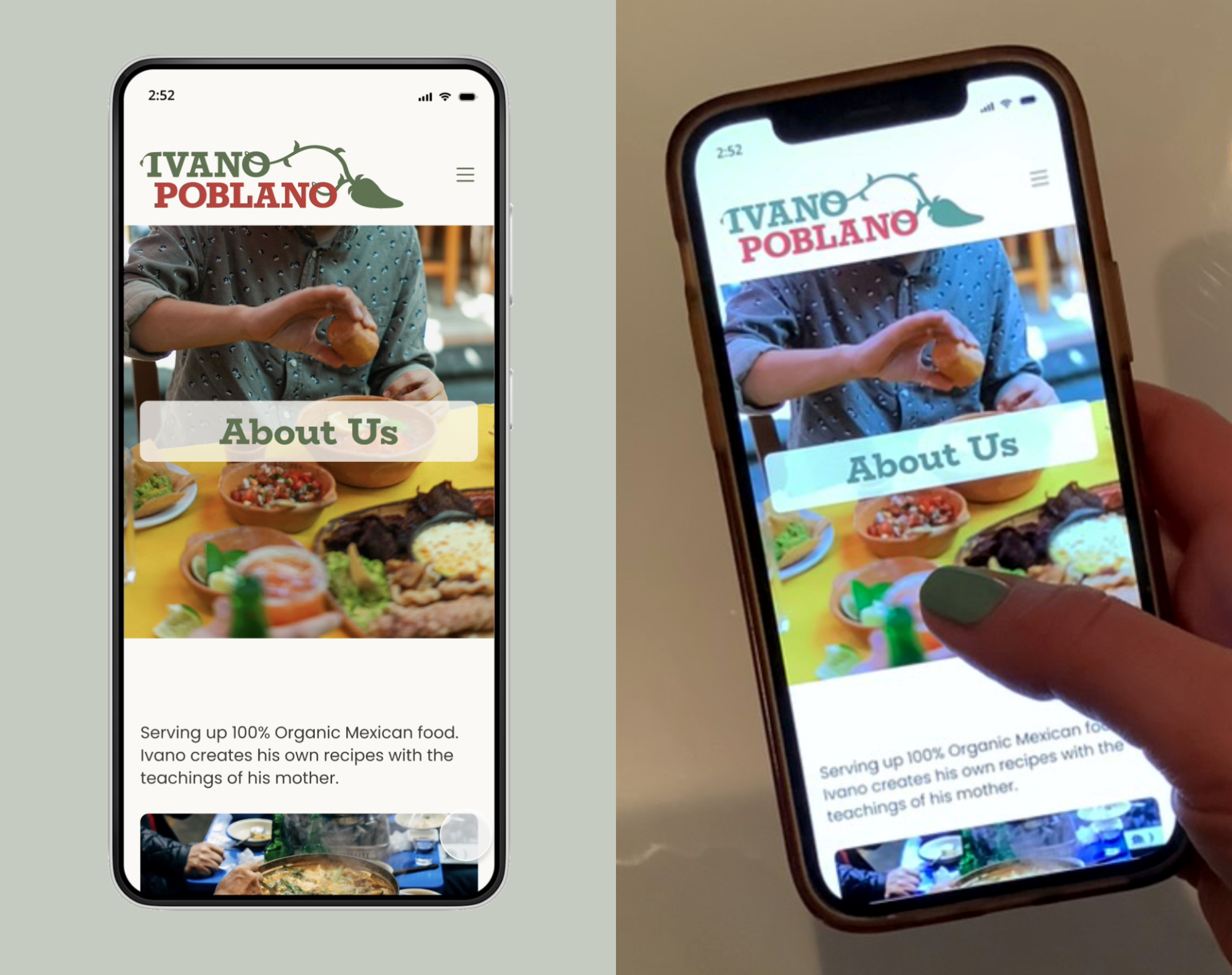 About Us page in mockup and on phone in hand