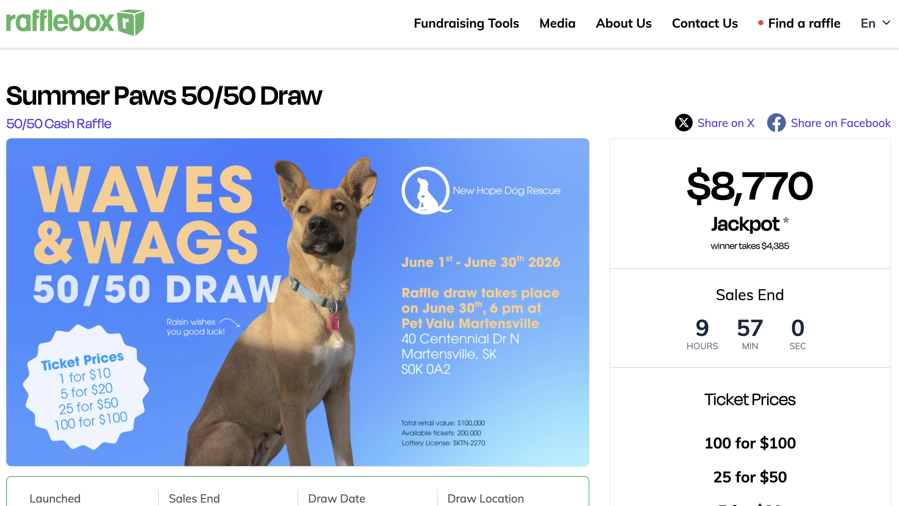Raffle poster "Waves & Wags" featured on Rafflebox website