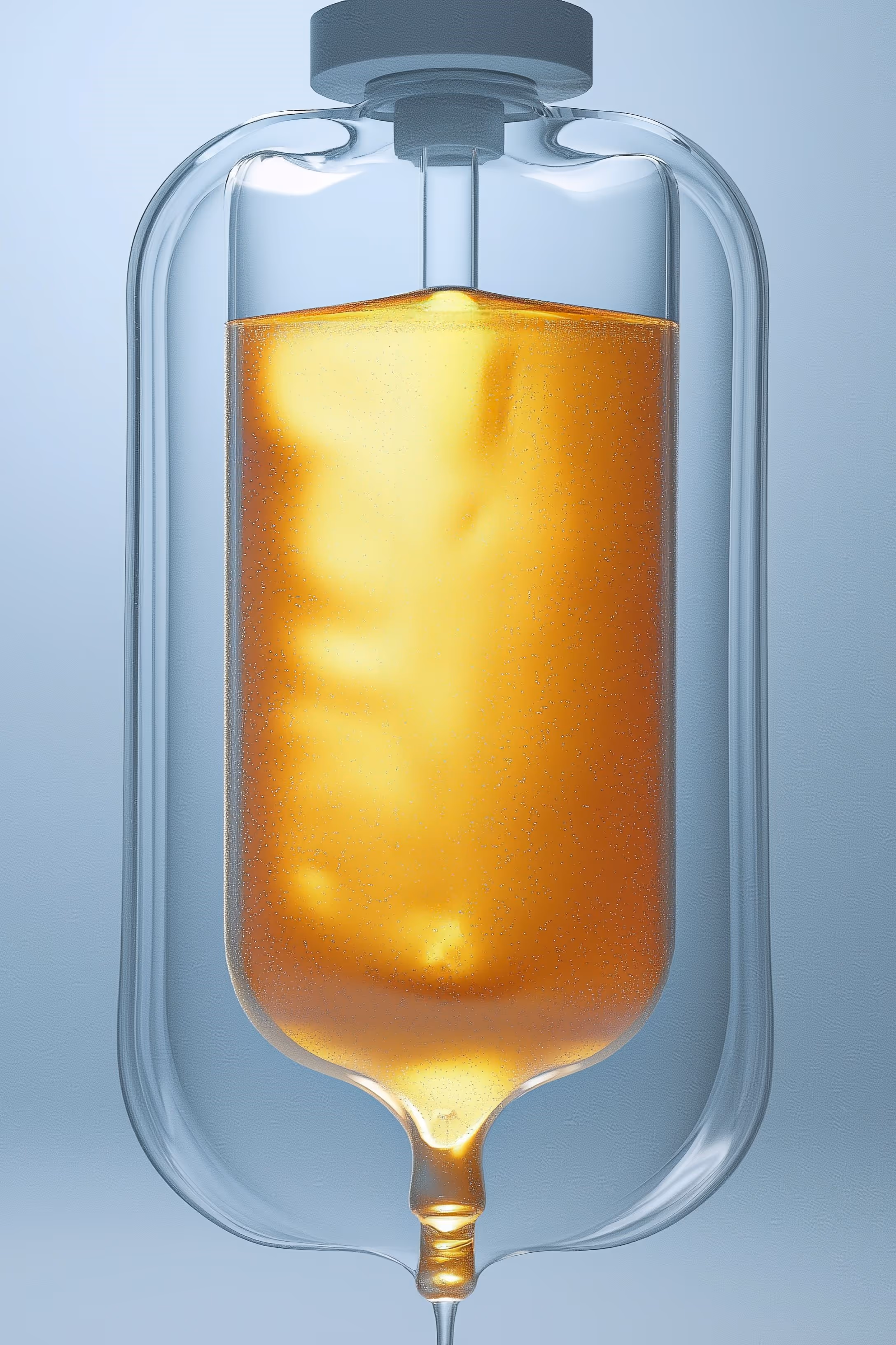 An IV bag filled with yellow liquid.