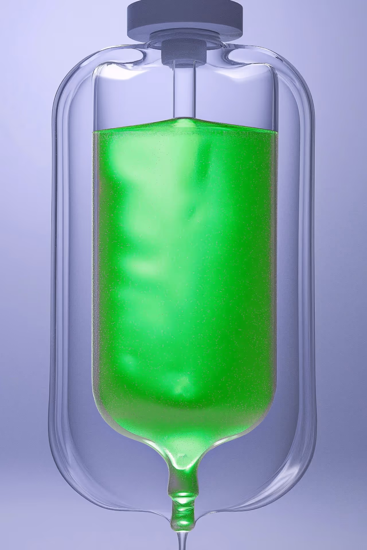 A green liquid is in a clear container.