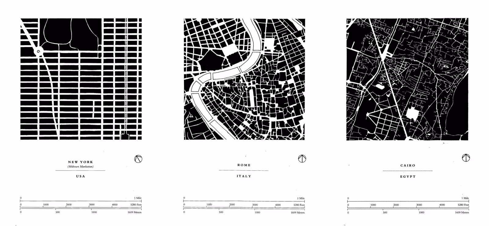 Three city street networks with varying levels of permeability