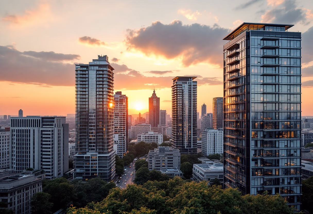 image of city skyline at sunset (for a fintech company)