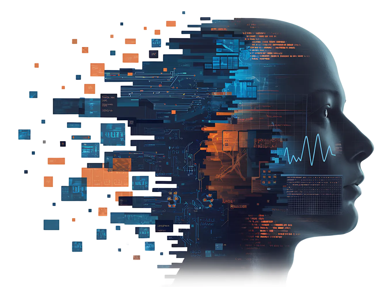 This is your brain on AI.  Image of a head with thoughts and tasks digitizing.