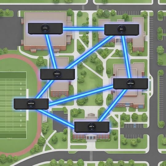 map of a school showing the zoned audio system throughout the campus