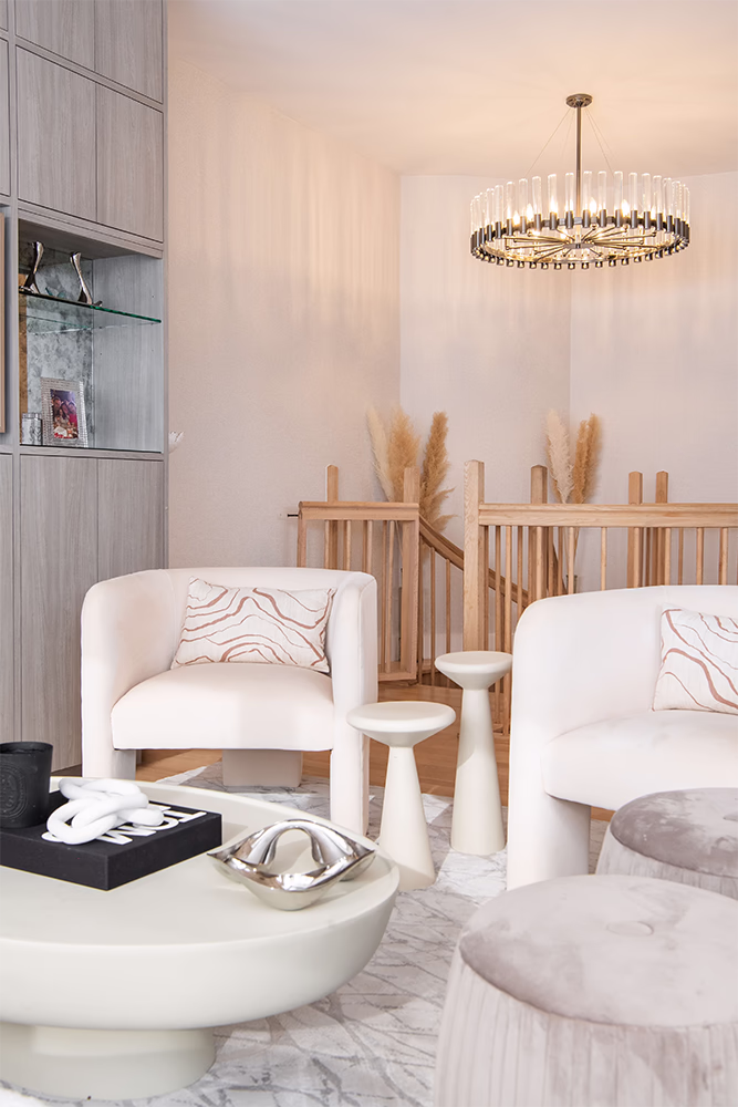 Elegant White Chairs in NYC Living Room.