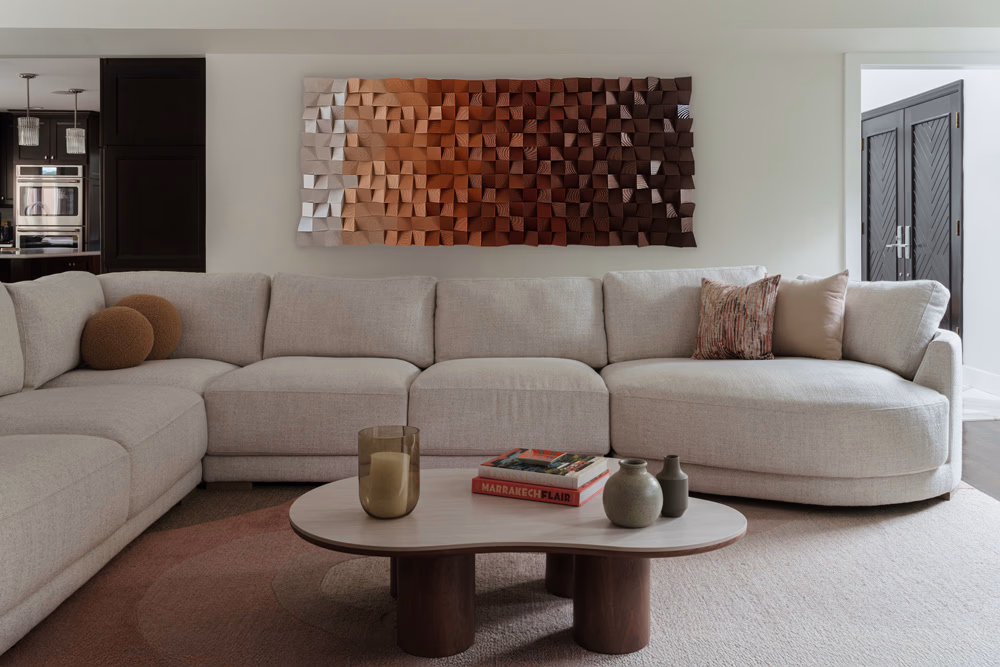 Living Room Design For Englewood, NJ Home With Large Wood Wall Art.