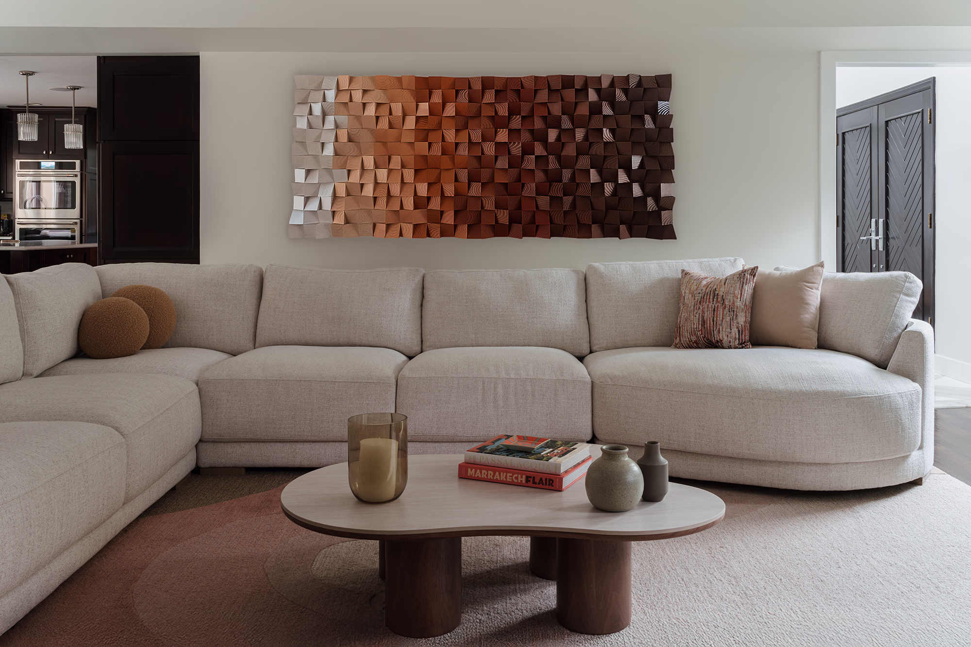 Living Room Design For Englewood, NJ Home With Large Wood Wall Art.