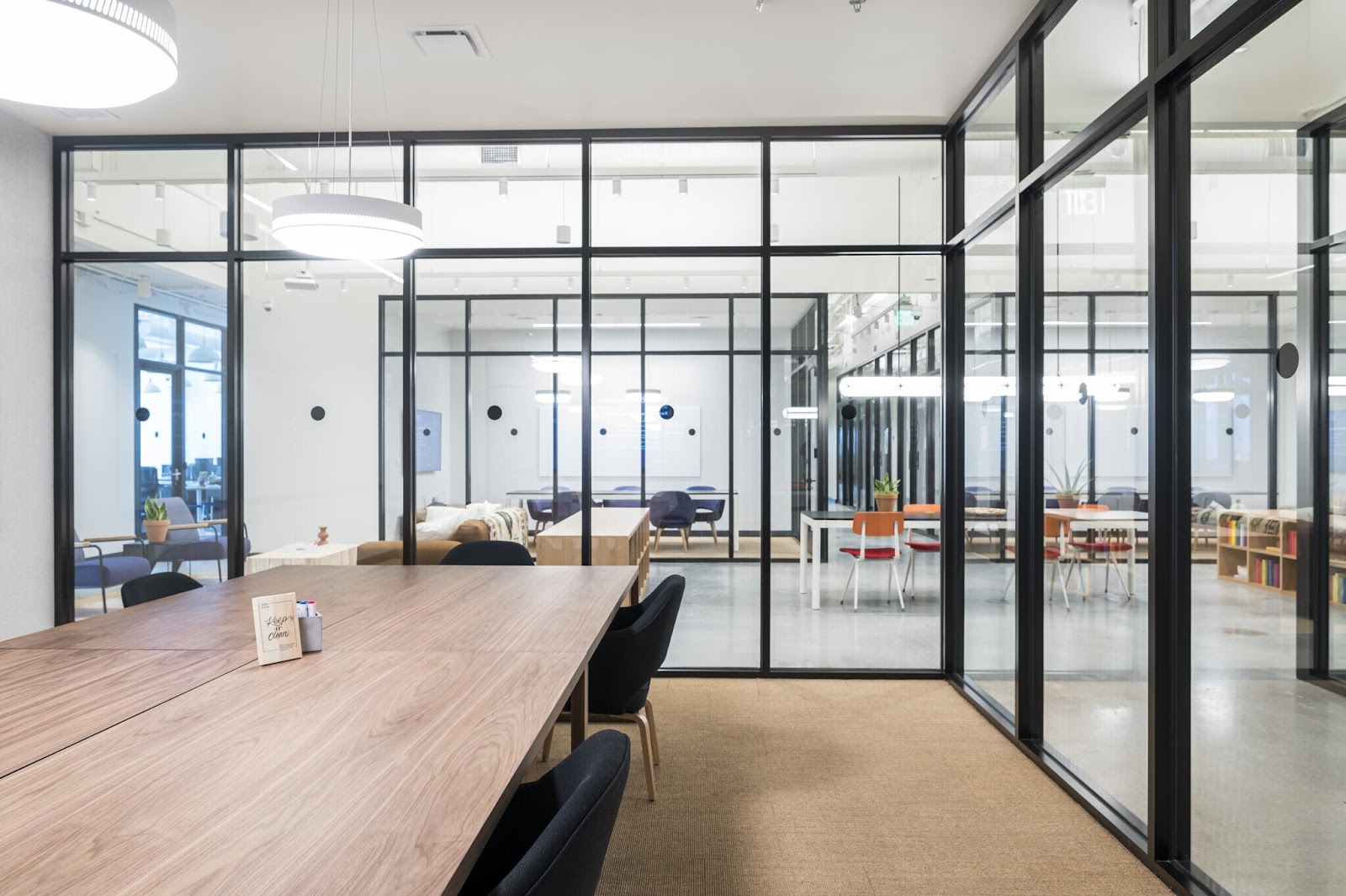 Modern office interior with large windows