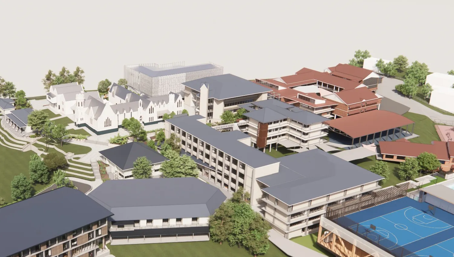 3D architectural rendering of a Ipswich Grammar school campus with multiple buildings, outdoor basketball courts, swimming pool, green spaces, and trees.