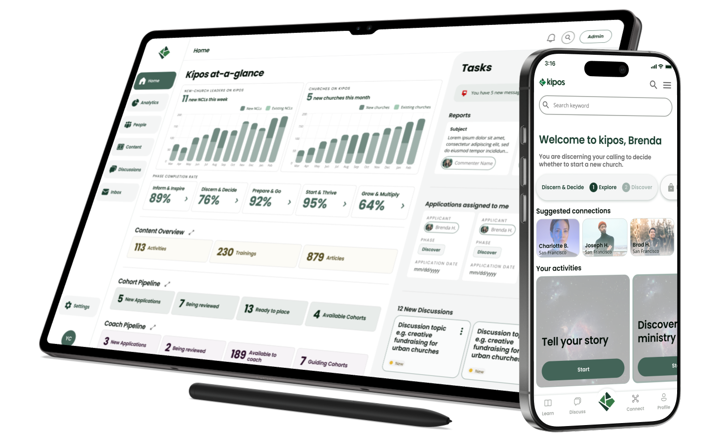 Kipos admin dashboard on a tablet screen and Kipos mobile app for potential church planter on iPhone screen