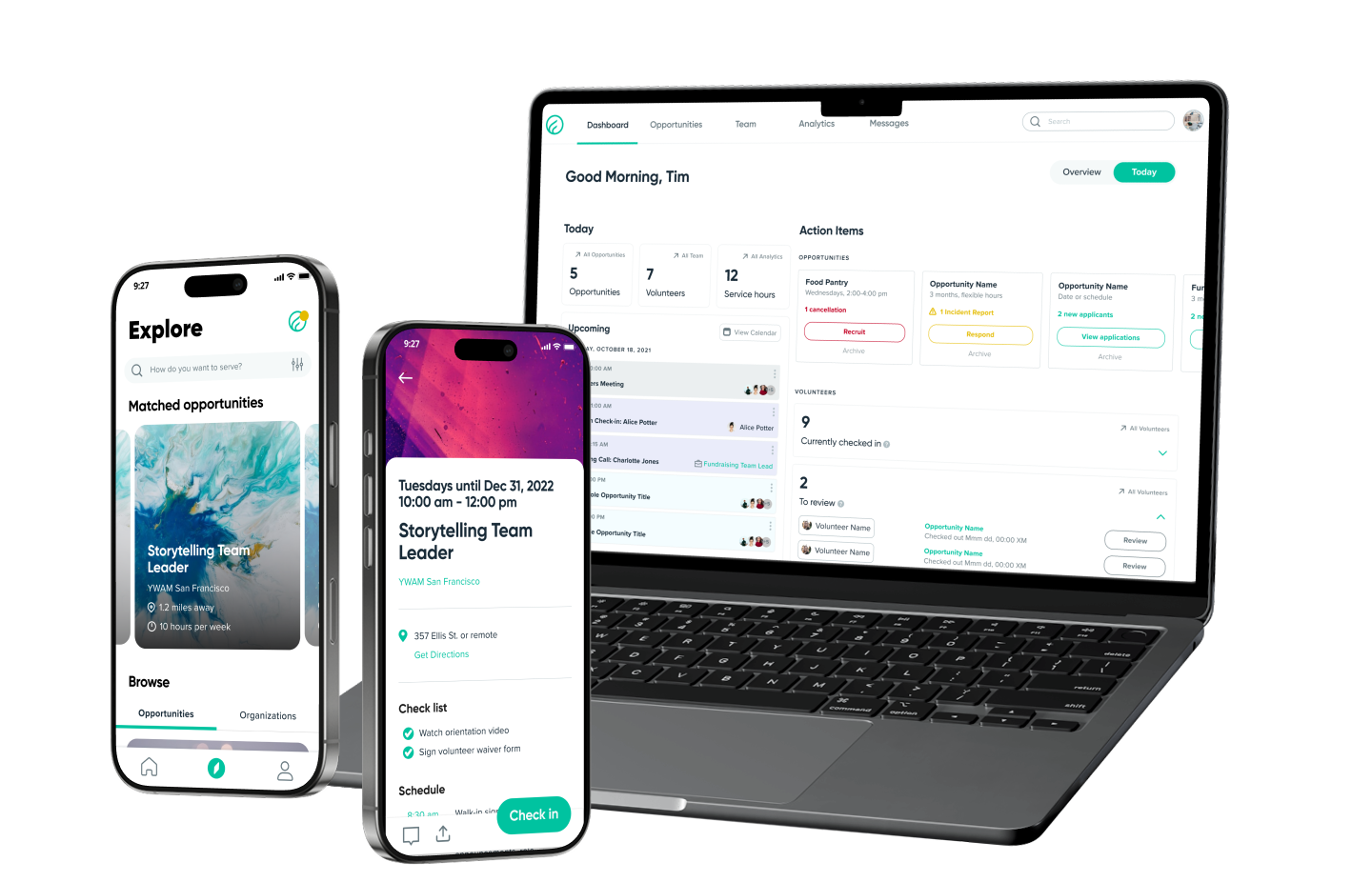 Mockup of Flourish admin dashboard on a laptop and the volunteer app dashboard and event page on mobile phones