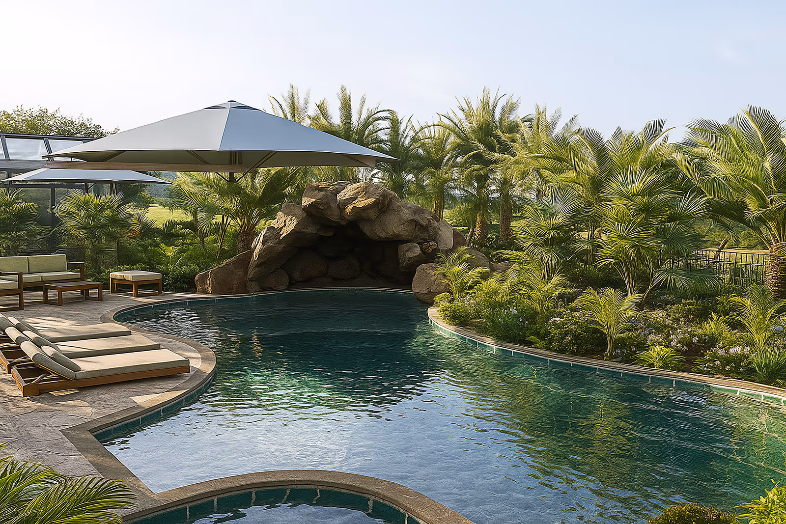 Luxury backyard pool with rock cave feature, surrounded by palm trees, lounge chairs under large umbrellas, and patio seating.