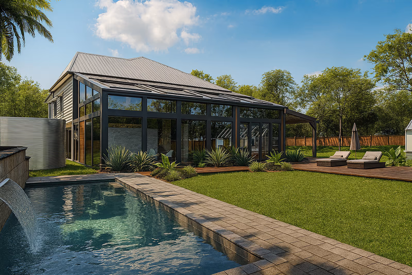 Modern house with large glass windows next to a swimming pool with a water feature, surrounded by green lawn and patio with lounge chairs.