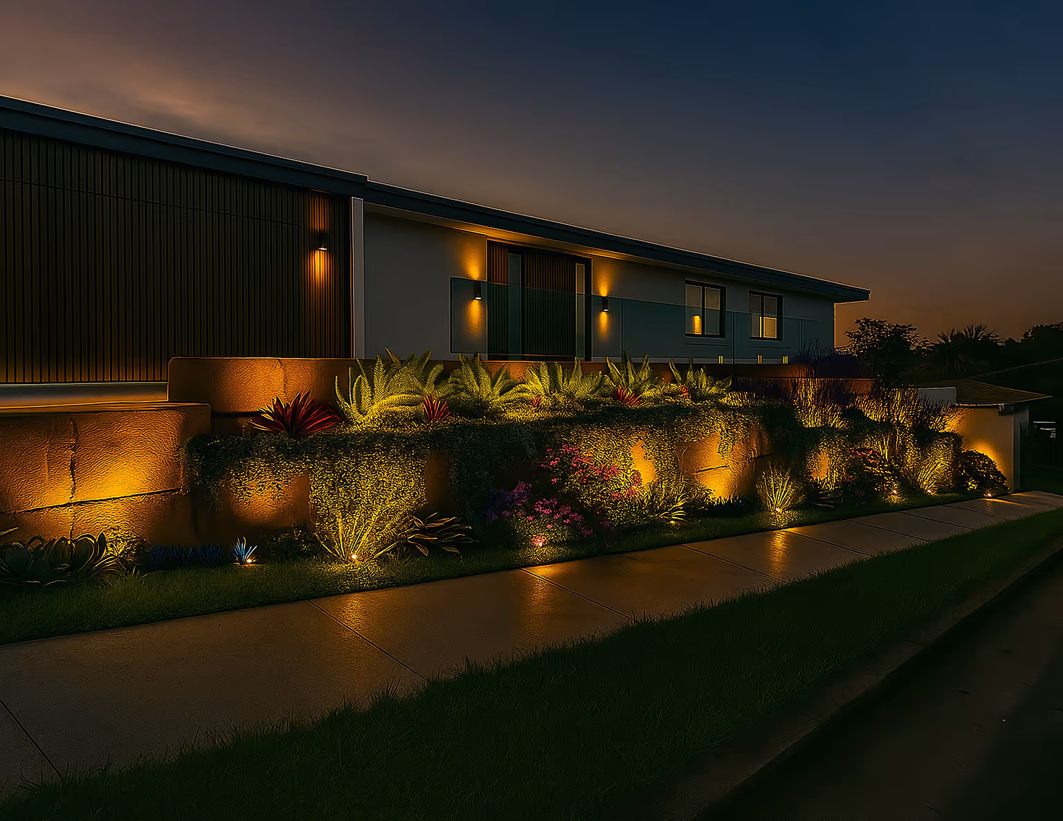 Exterior of a modern house illuminated by warm landscape and wall lights at dusk, highlighting plants and a stone retaining wall.