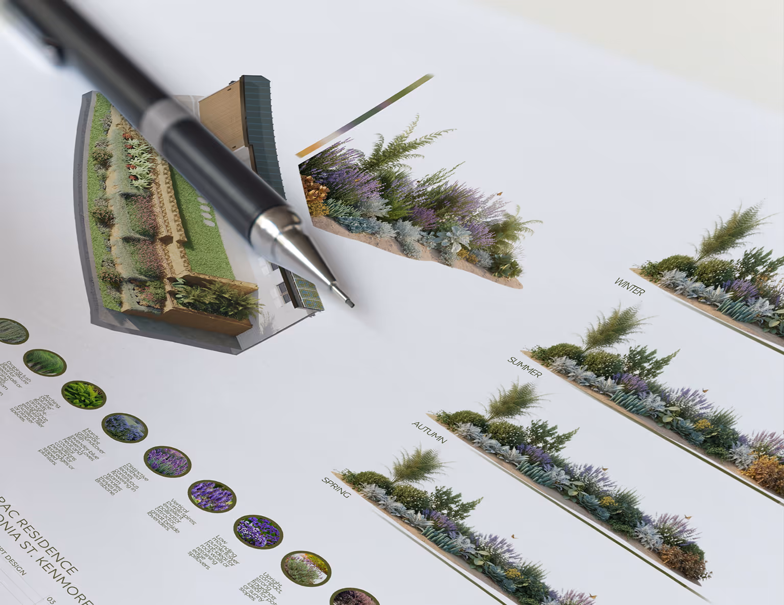 Landscape design plan with a pen pointing to a 3D model and seasonal planting layouts for spring, autumn, summer, and winter.